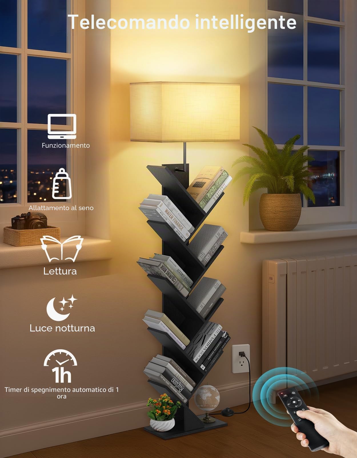 Libreria ad Albero a 9 Ripiani con Luce, Telecomando e Timer – Scaffale Salvaspazio Verticale in Legno, Piccola Libreria per Libri, CD, per Cameretta, Soggiorno, Ufficio