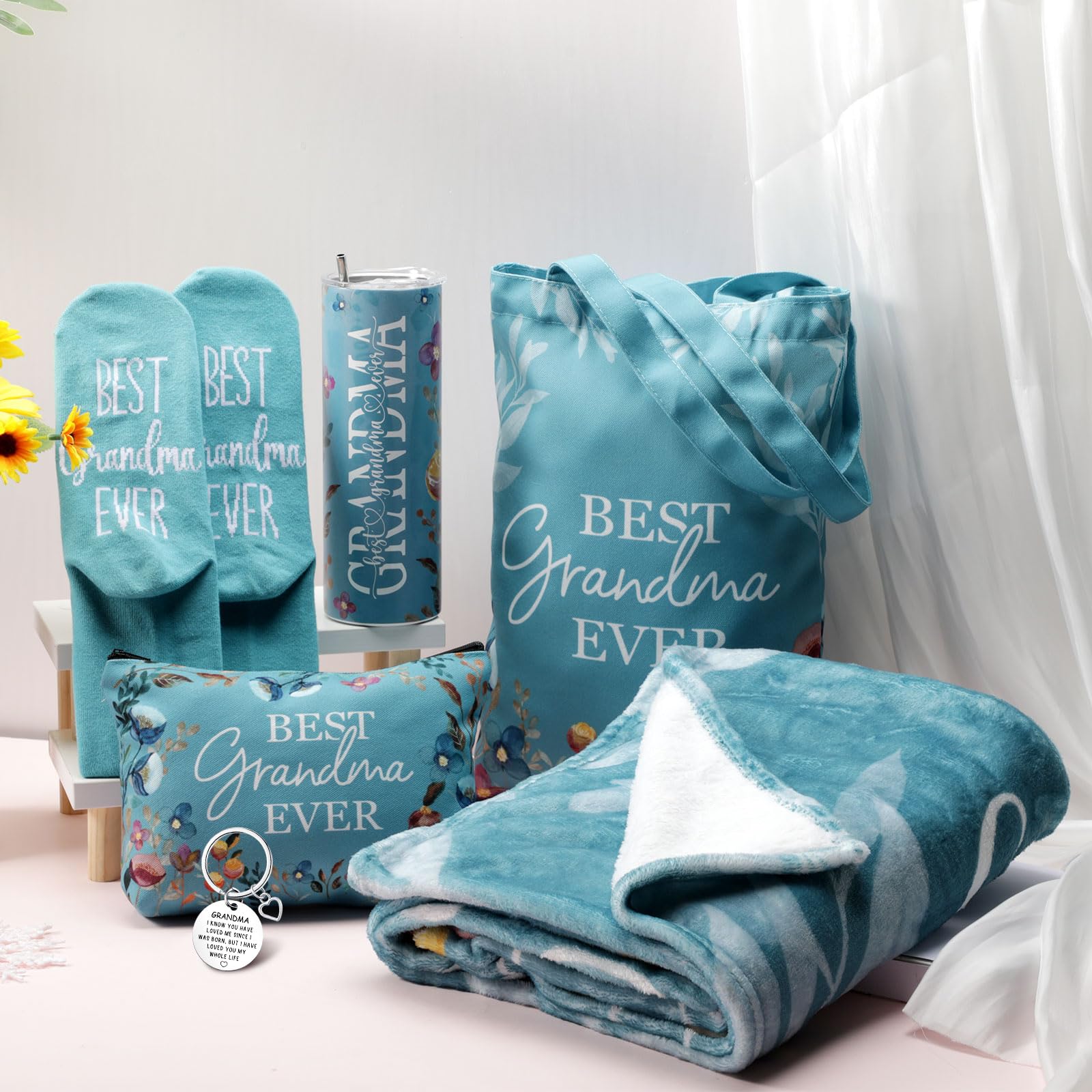 Geiserailie Geschenk-Set für Großmutter, 6-teilig, Motiv: Oma, lebhafte Blüte, Flanell-Überwurf, Decke, Trinkbecher, Socken, Tragetasche, Geburtstagsgeschenk-Set für Oma von Enkelkindern, Enkelkindern