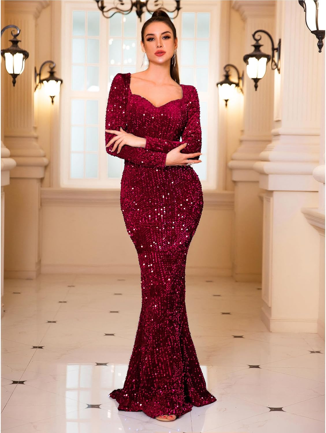 Sequin Formal Evening Party Dress Sweatheart Bodycon Long Sleeve Maxi Gown - Image 6
