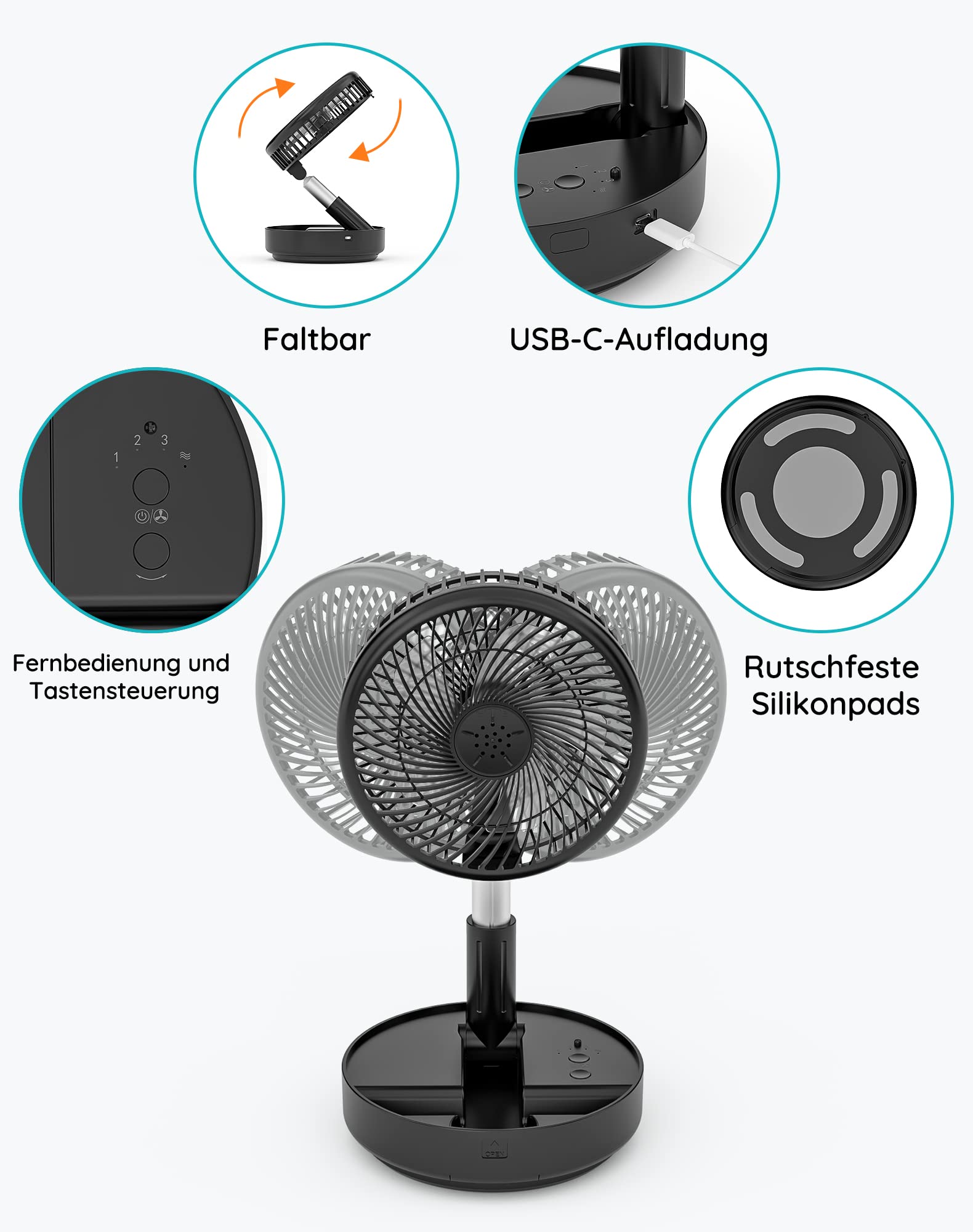 Primevolve Tischventilator Standventilator 8 Zoll oszillierend faltbar Fernbedienung 4 Geschwindigkeiten Akku USB Schwarz