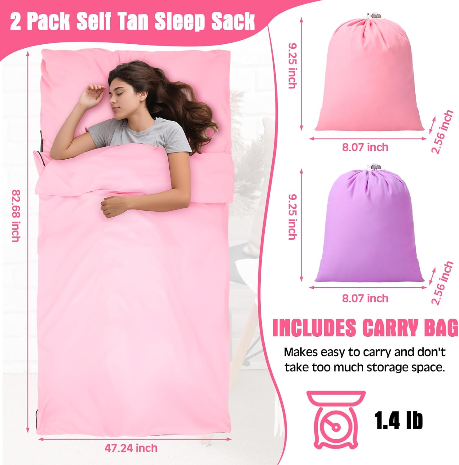 SmoothNovelty 2 Pack Sleeping Bag Liner Portable Polyester Microfiber Adult Sleep Sack with Pocket Bag Travel Self Tan Sheets for Hotel Summer Camping Hiking Business Outdoor Indoor