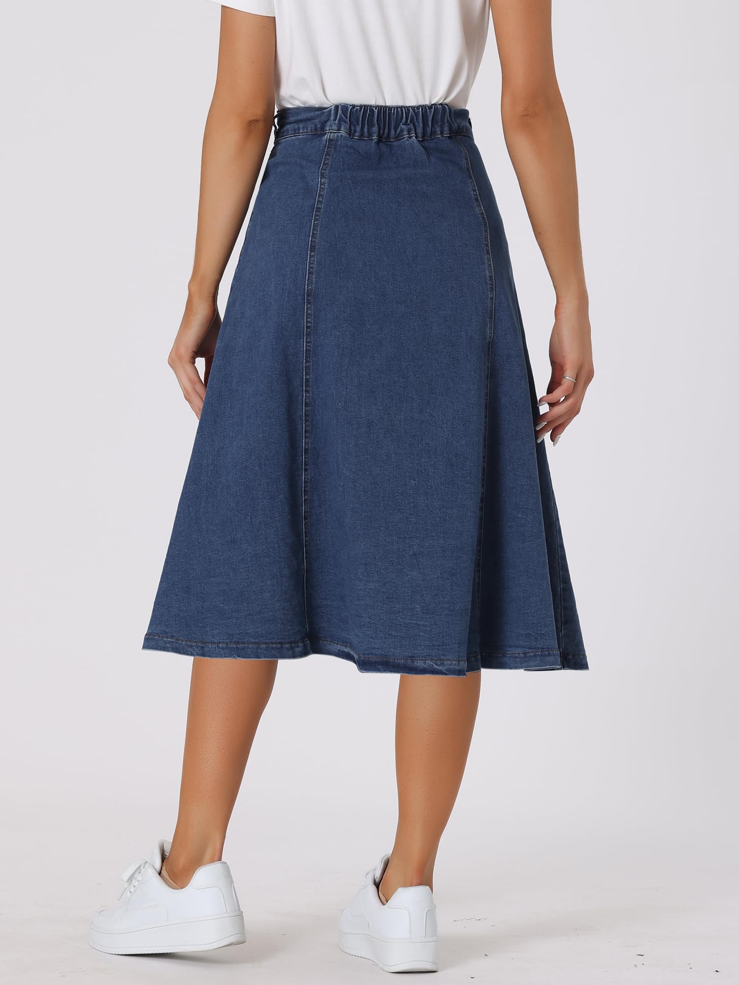 Allegra K Jupes Mi-Longues en Jean Femme Coupe Trapèze Fluides Jupe Boutonné à Taille Haute Extensibles avec Poche