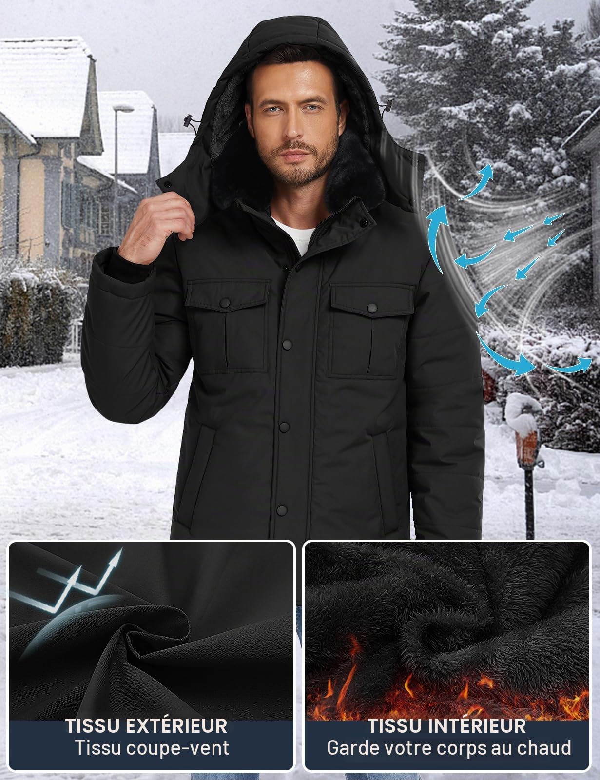 Tuopuda Homme Manteau d'hiver Chaud, Vestes Polaire Décontracté Parka Doublure Coupe Mince Manteaux Amovible Capuche Coupe-Vent Doudoune Zippé Épais Blouson Outercoat