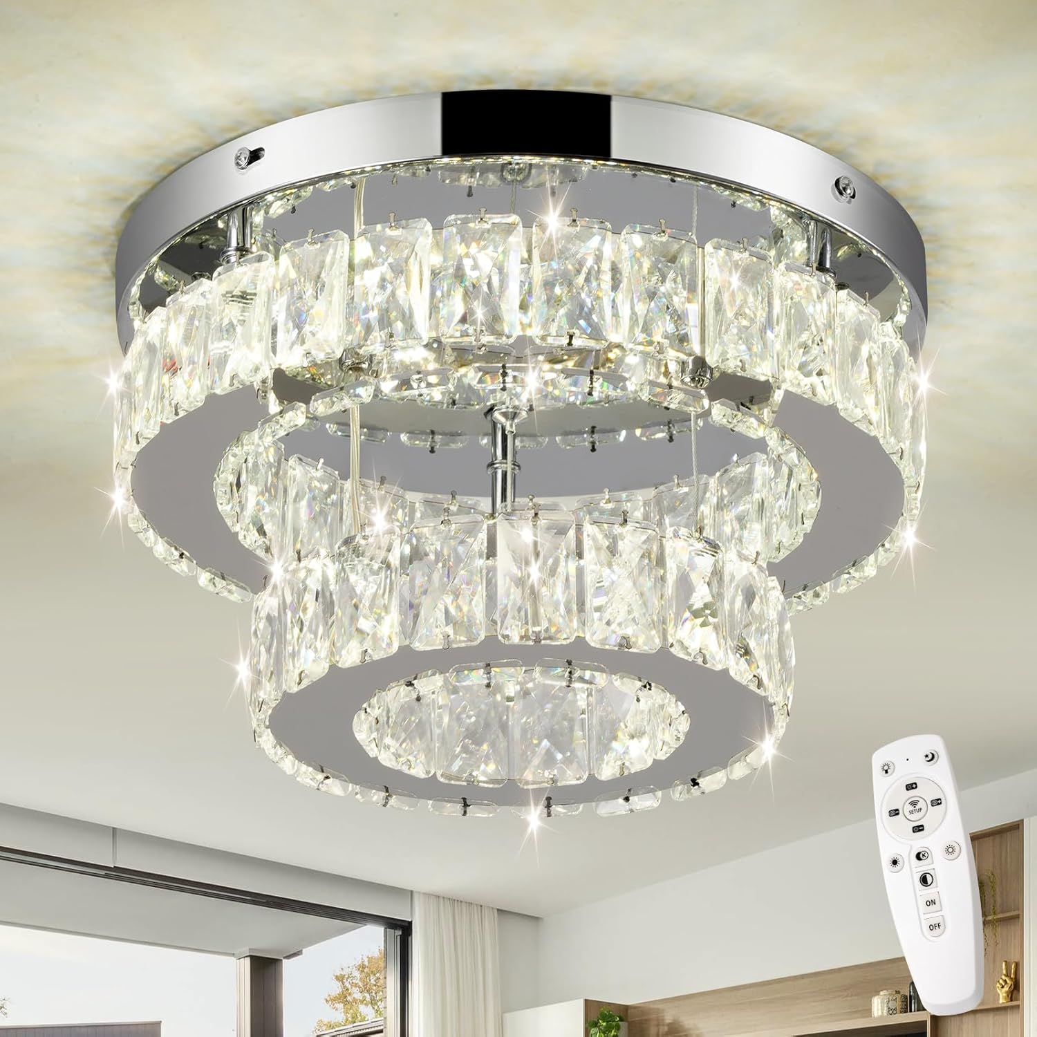 LEONTYNE 11.8 inch Dimmable Modern Crystal Chandelier 2-Layer Round Crystal LED Ceiling Light Flush Mount Chandelier Fixture for Hallway Bedroom Living Room Kitchen Foyer Closet (Remote Control)