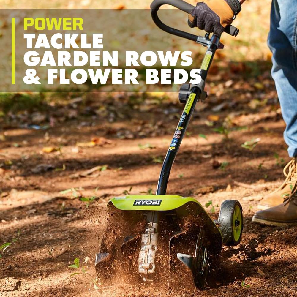 RYOBI Expand It Universal Tiller Attachment, Cultivator for String Trimmer, 8 inch, 4 Steel Tines