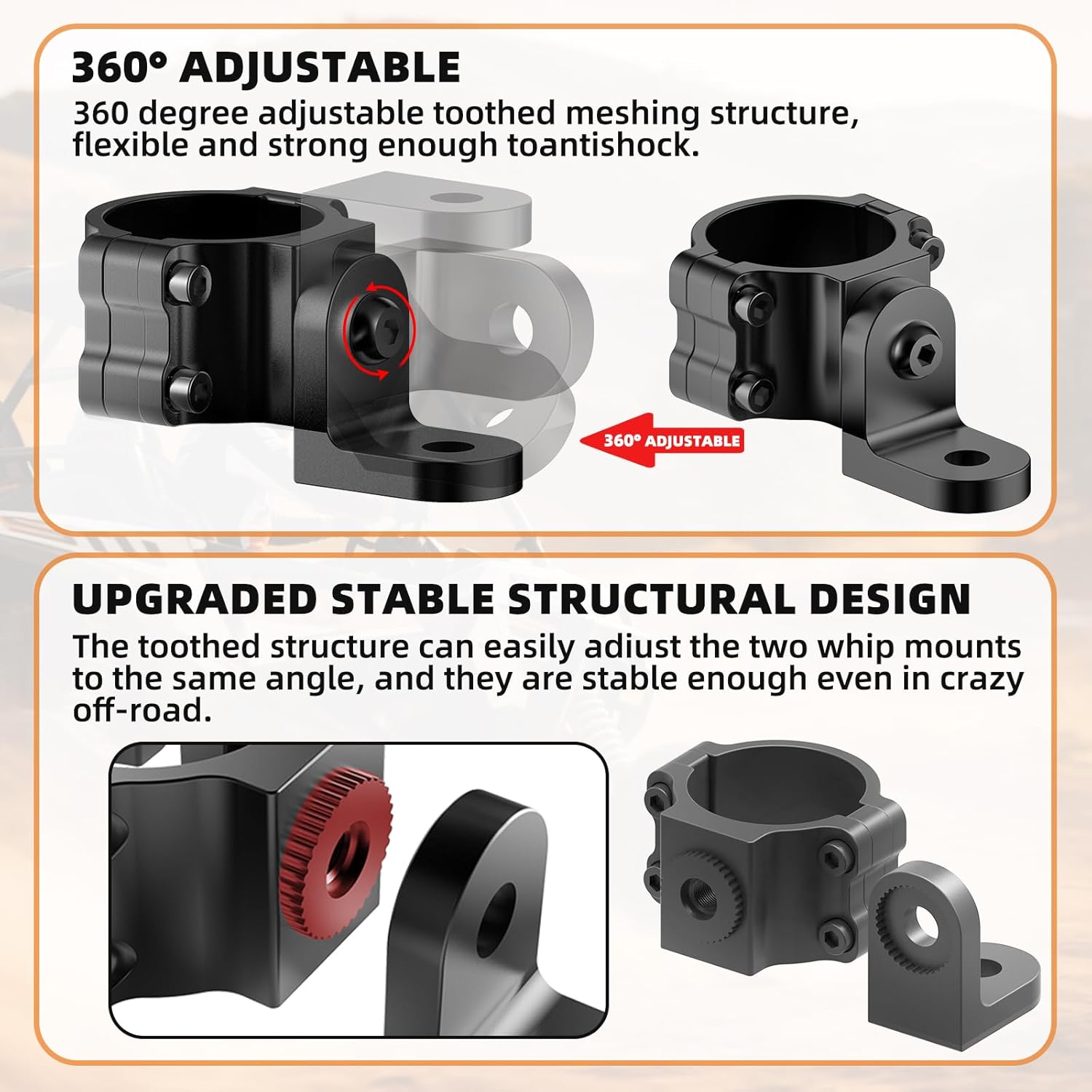 Tavaray Whip Light Mount, 360° Adjustable Heavy Duty Aluminum Flag & Off-Road Light Bar Mounting Brackets for 1.65''- 2'' Roll Cage Compatible with UTV ATV Polaris RZR Can Am Jeep, 2PCS