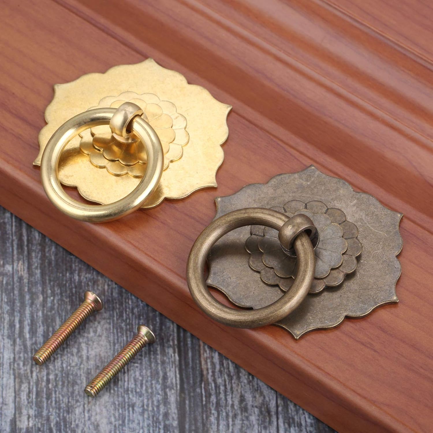 Yetaha Antique Ring Pulls, Furniture Drop Knobs Brass Cabinet Handles Classical Hexagon Flower for Drawer Dresser Closet Wardrobe Cupboard Door Kitchen Bedroom Decoration