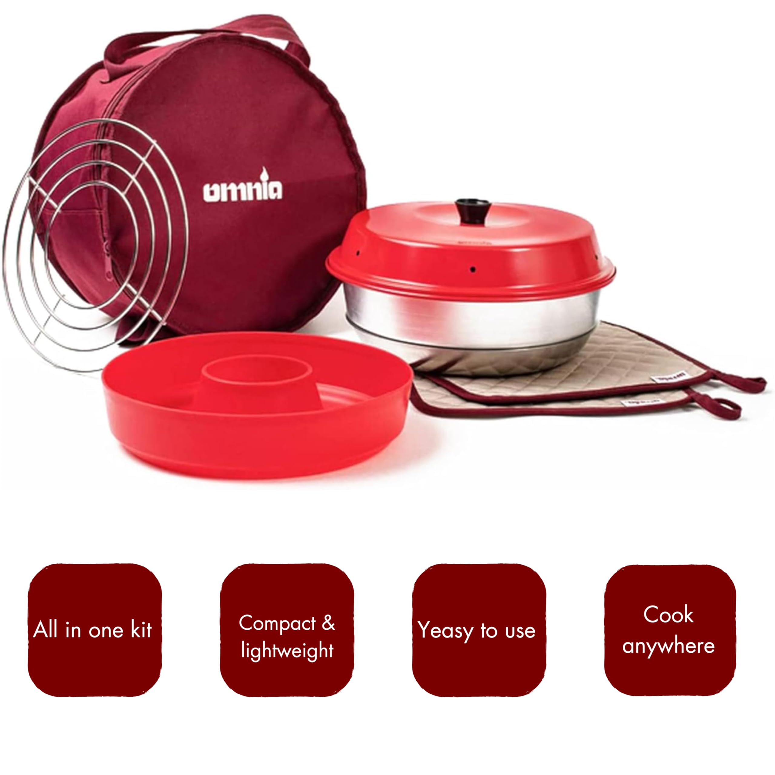 Omnia Ofen Kit mit Zubehör - Set mit Campingofen, Silikonform, Aufbackgitter, Tasche und Topflappen, Beige