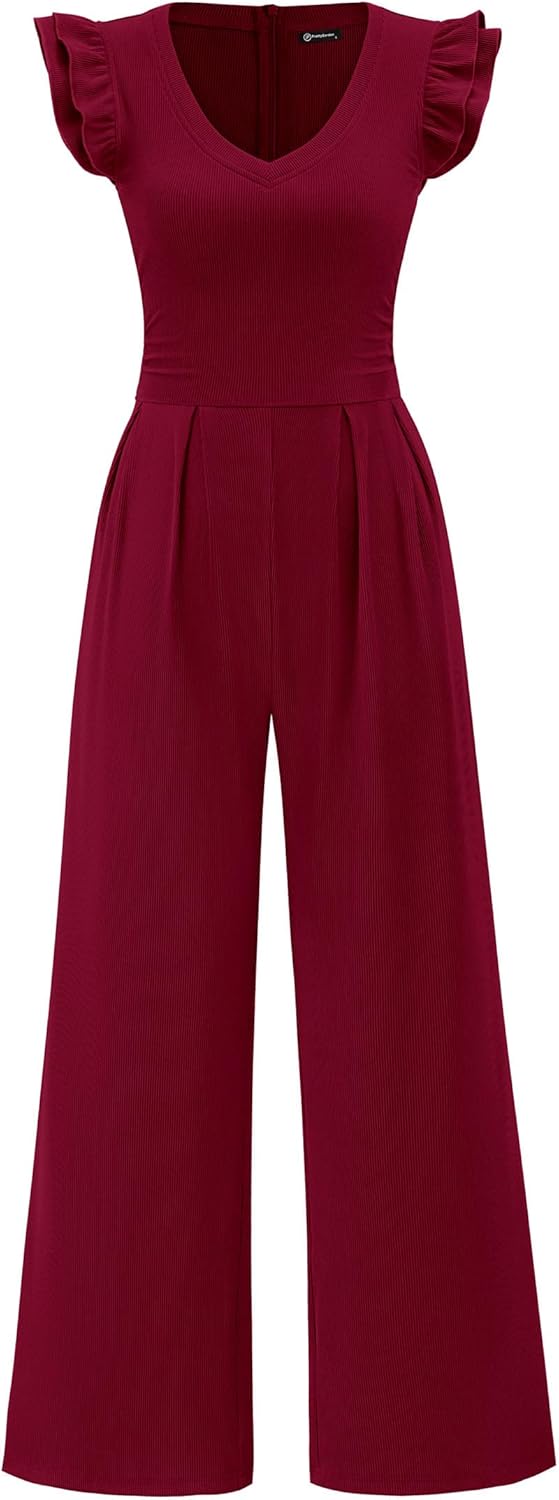 PRETTYGARDEN ワンピース ジャンプスーツ 女性用 ドレッシーフリルキャップスリーブ Vネック リブ編み ワイドレッグロン