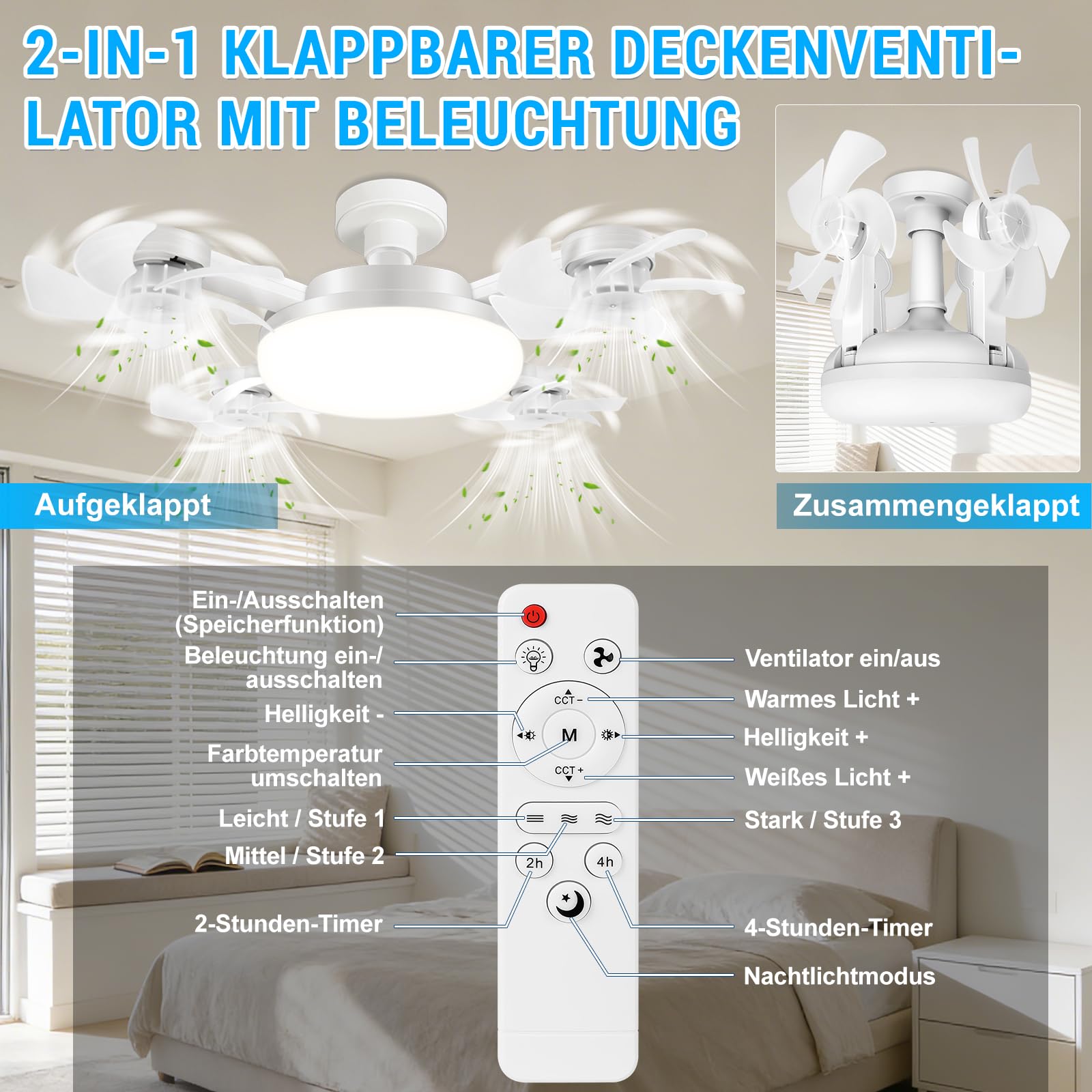 Deckenventilator mit Beleuchtung, 50CM Faltbarer Lampe mit Ventilator, Timer- und Speicherfunktion, Leiser LED Deckenleuchte mit Ventilator und Fernbedienung, 3 Windstufen & 3 Farbtemperatur
