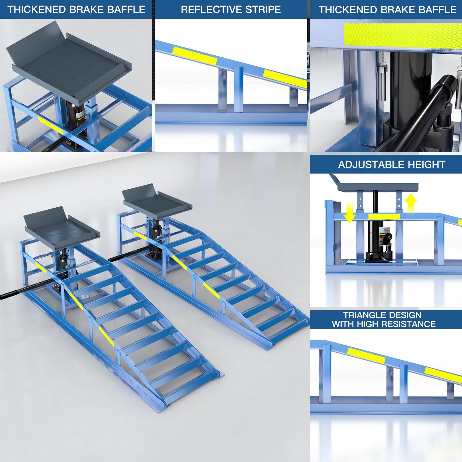 2 rampas para automóvil, rampa de alta carga de 5T/10000 libras, rampa hidráulica de cambio de aceite con tira reflectante nocturna de alta visibilidad integrada, altura de elevación ajustable de 9.8