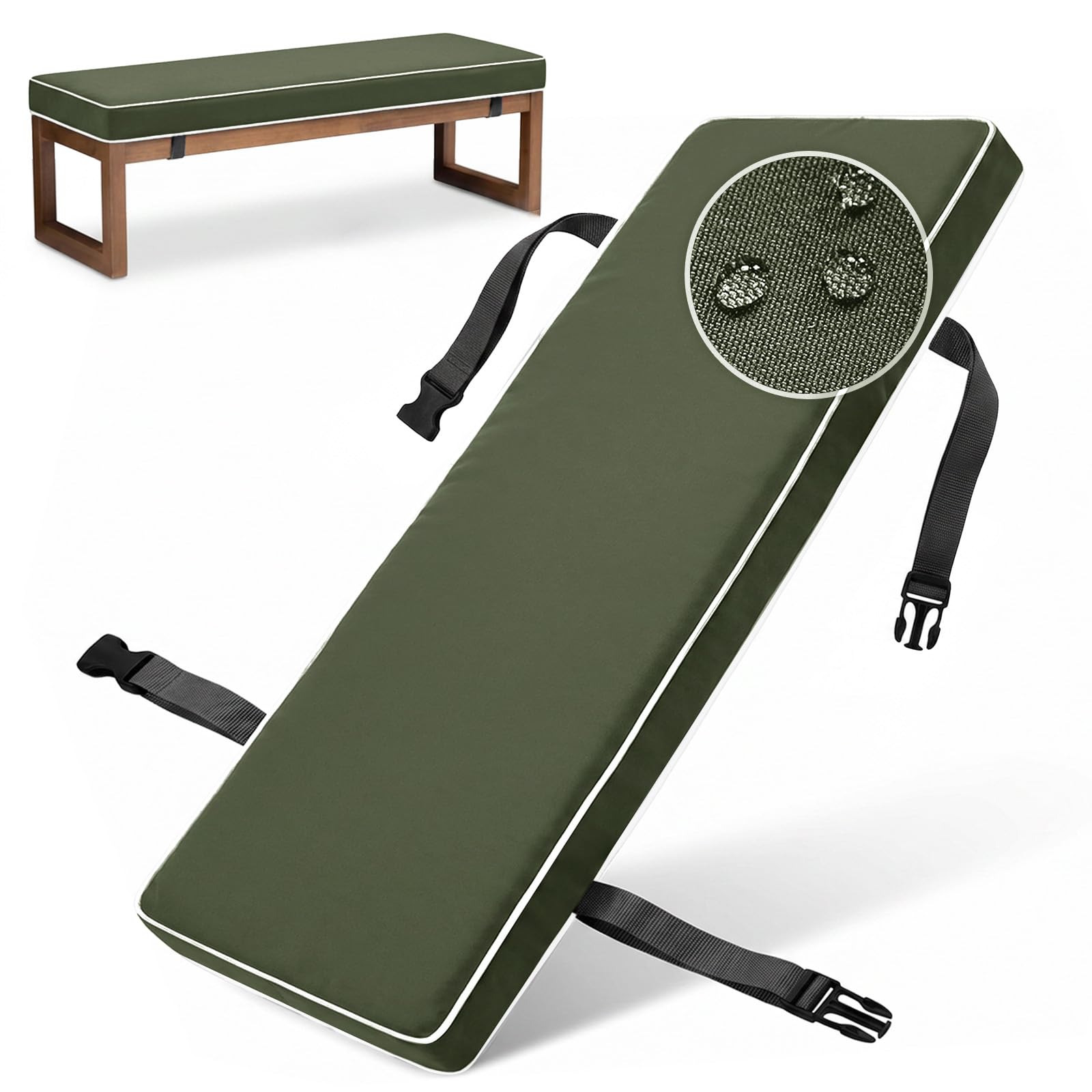 Aocase 2 Seater Bench Cushion Outdoor Waterproof – 170x50cm Garden Seat Pad with 5 Thick Foam, Removable Washable Cover for Patio Bench, Swing, Porch Furniture,Military Green