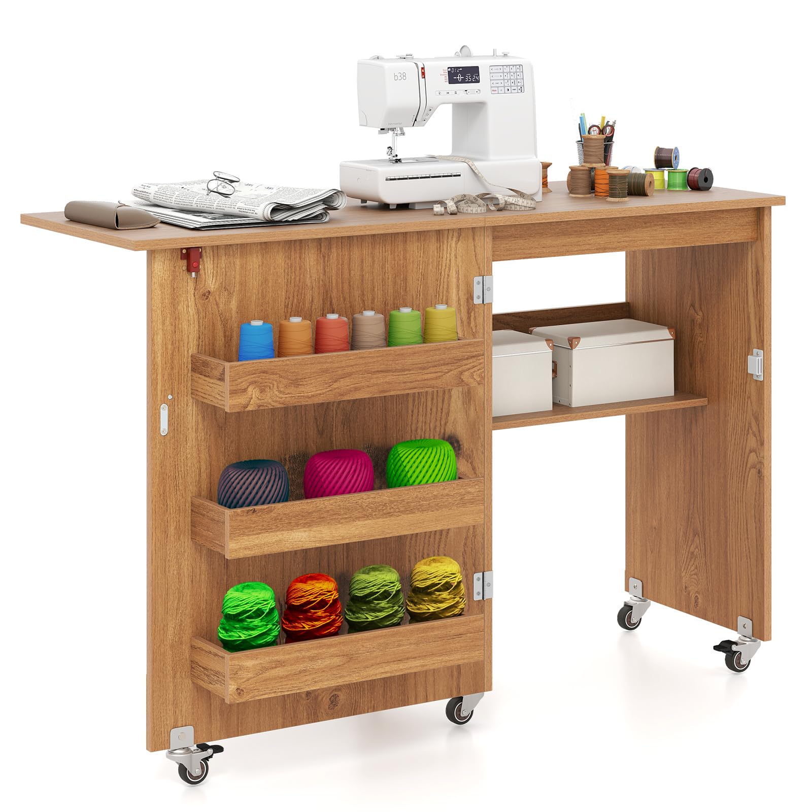 RELAX4LIFE Table de Couture Pliable avec Grand Plateau, 3 Compartiments, Étagère de Rangement, Meuble Gain de Place à roulettes pour Aiguilles, Fils et Ciseaux(Naturel)