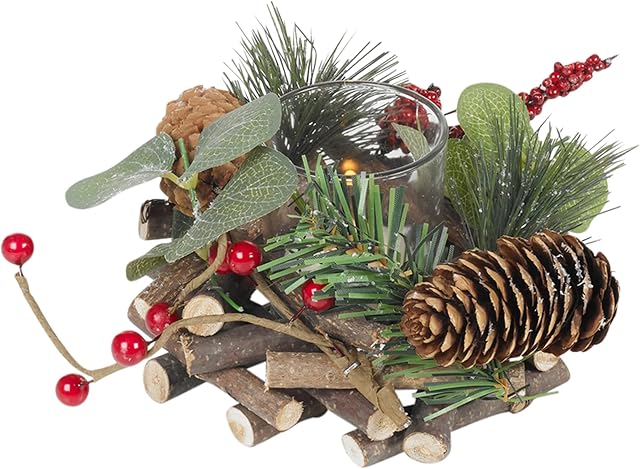 Christmas Wooden Acorn Berry Tealight Holders Xmas Gift Home Decorative Festive (1 Candle Wreath, Red)