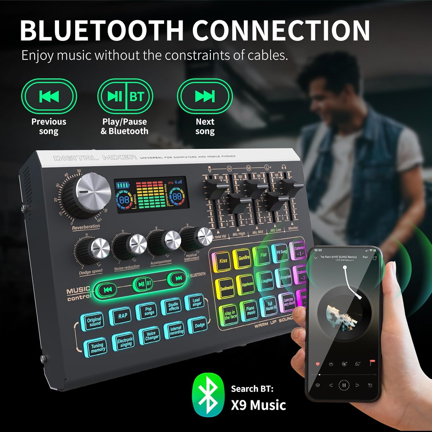 XTUGA X9 Audio Interface Mixer showing Bluetooth connection to a smartphone