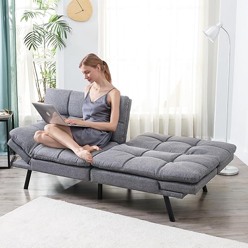 Miniatura 7 de Erdoru, Sofá biplaza futón de espuma viscoelástica, sofá cama moderno con respaldo convertible y reposabrazos, color gris claro