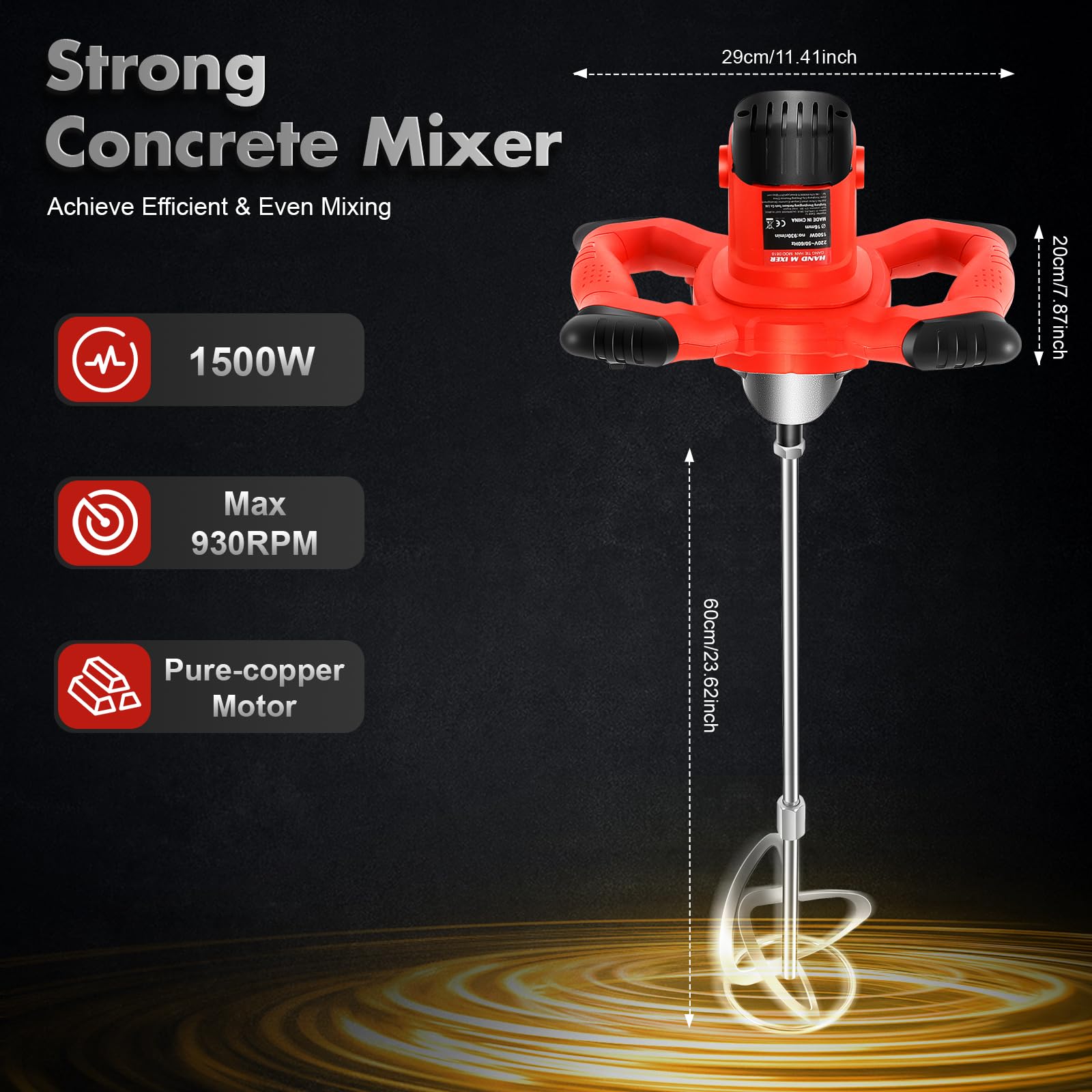 Mélangeur de mortier 1500 W - Mélangeur à béton - 6 vitesses - Électrique - Ergonomique - Batteur professionnel - Pour mélanger ciment, mastic - Couleur