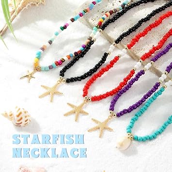 Tgirls Boho Seed Beaded Necklace Shell Starfish Choker Necklaces Cute Summer Pendant Necklace Colorful Beach Jewelry for Women (Starfish-black)