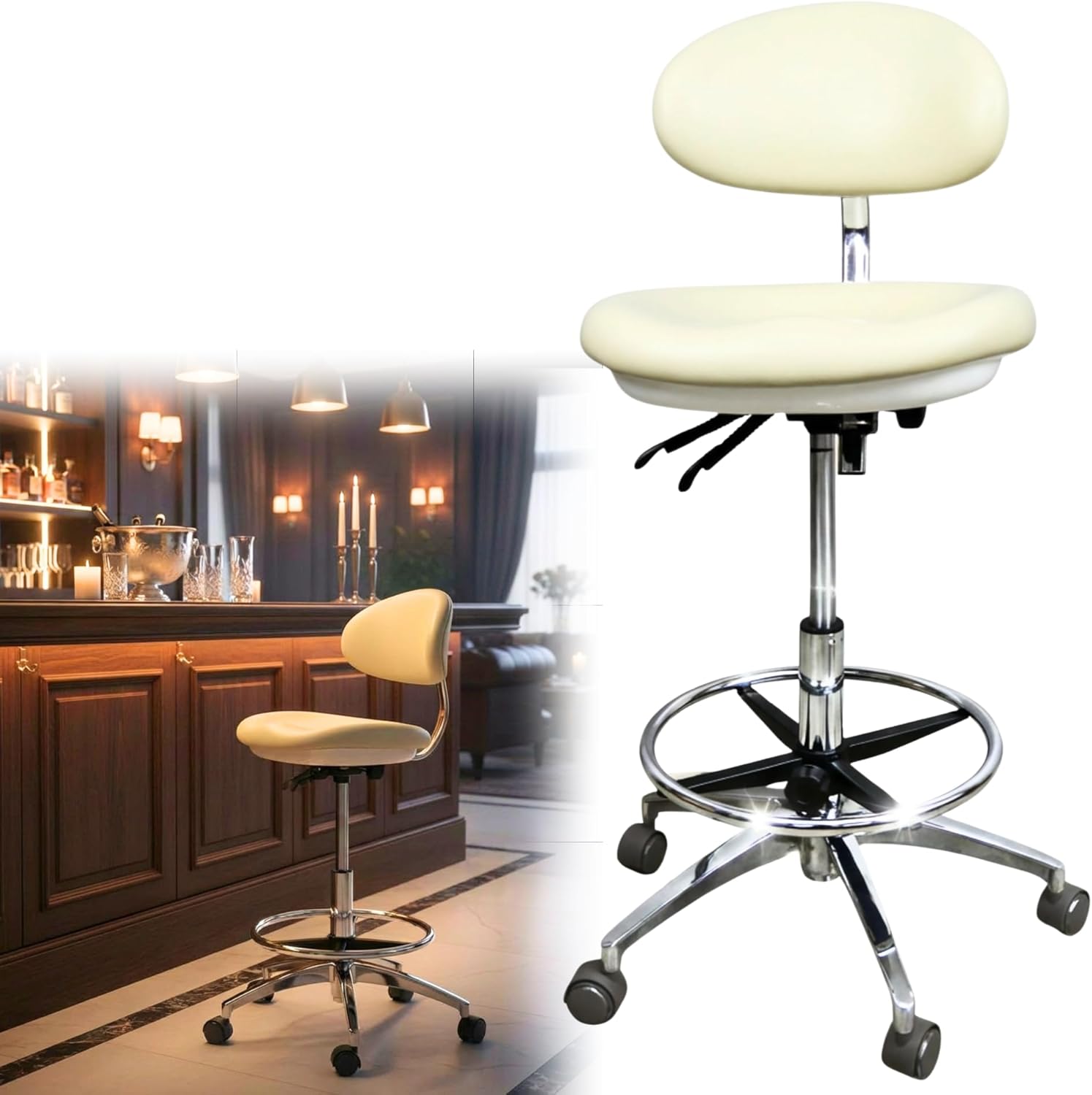 Martelli Extra Tall Height Adjustable Ergonomic Rolling Stool with Pneumatic Air Lift - Footrest Ring - 360 Swivel Luxury Drafting Stool for Sewing, Medical, Salon, Lab, Dental (Cream)
