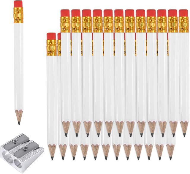 AIEX 25pcs Half Pencils with Eraser, 4 Inch/ 10cm Mini Pencils HB Hexagon Golf Pencils with 1 Sharpener for Kids School Office Baby Shower Wedding(White)