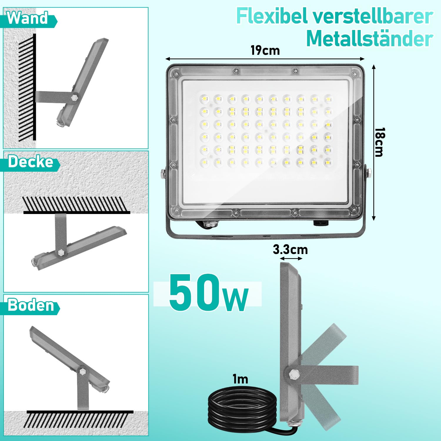 LED Strahler Außen 50W,10 Stück LED Fluter 6000K Kaltweiß 4950LM Led Scheinwerfer, IP65 Wasserfest Aussenstrahler für Hell Garten Hof Türen Rasen Garage [Energieklasse E]