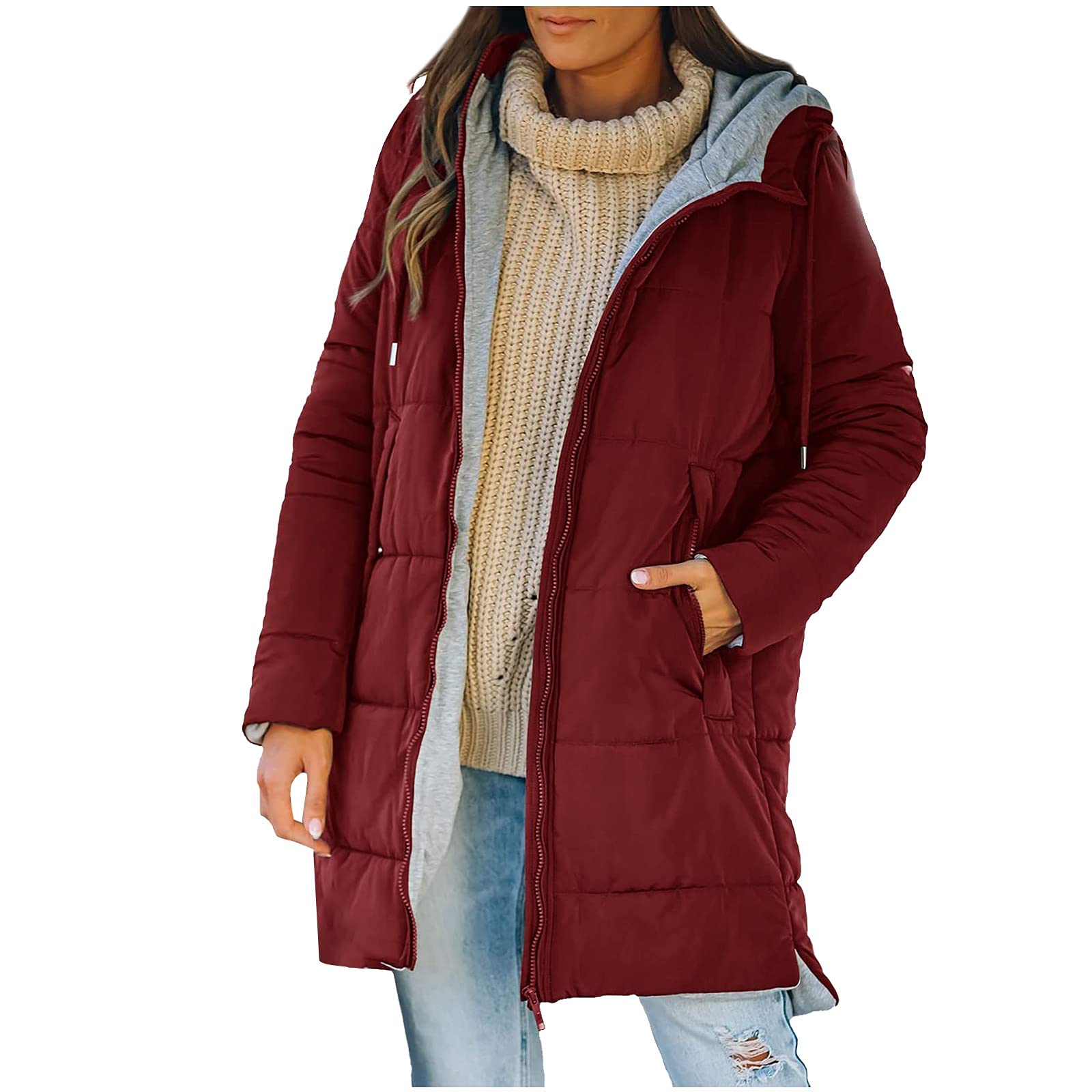Abrigo acolchado largo para mujer, abrigo con capucha, abrigo de invierno, cálido, chaqueta con capucha con cremallera, bolsillos, chaqueta de invierno para mujer, chaqueta acolchada larga con