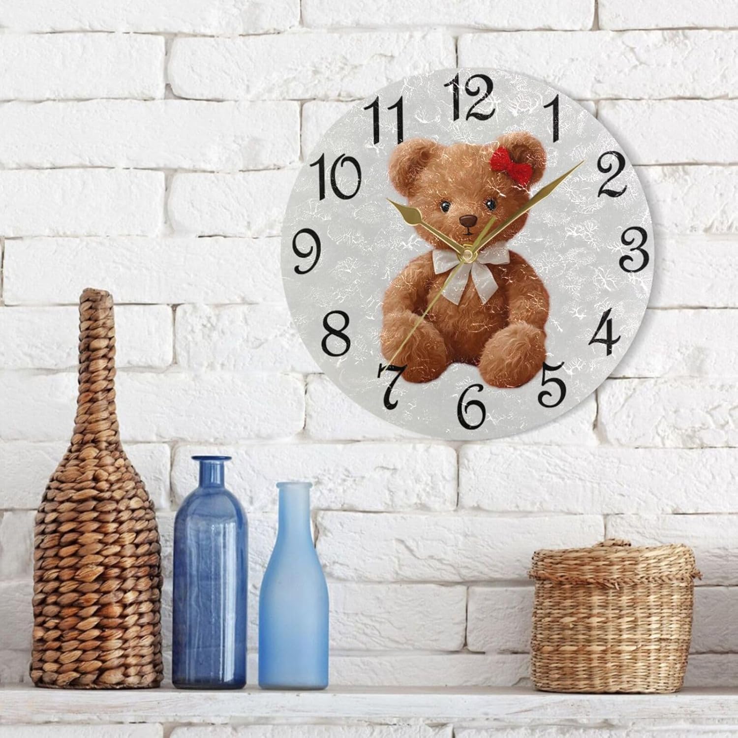 Wall Clock Teddy Bear Doll Brown Red Bow Battery Operated Silent Non Ticking 10 Inch PVC Tabletop Clock Decorative for Kitchen, Bathroom, Bedroom, Desk, Bookshelf