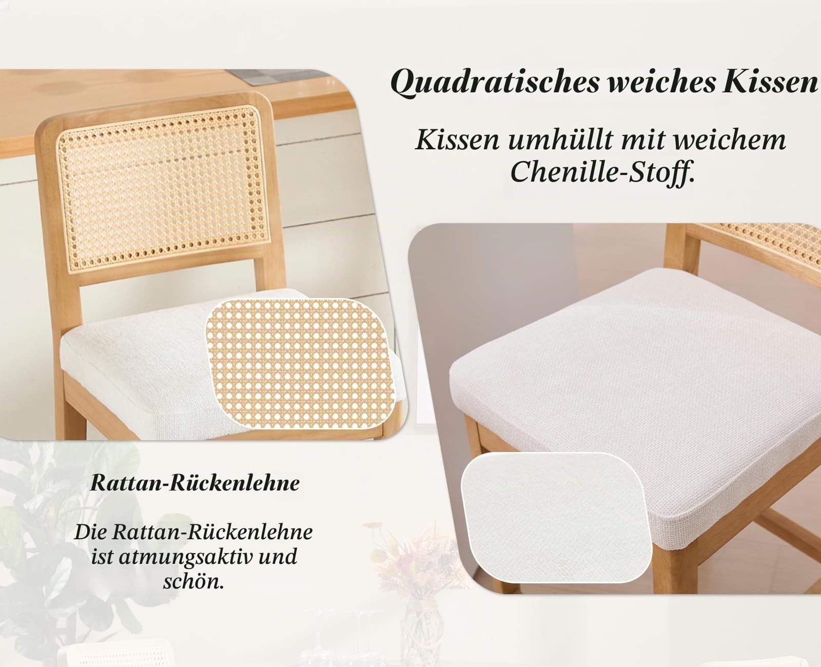 chairus 2er-Set Barhocker Holz, Retro Rattan-Rückenlehne, Chenille/Weiß