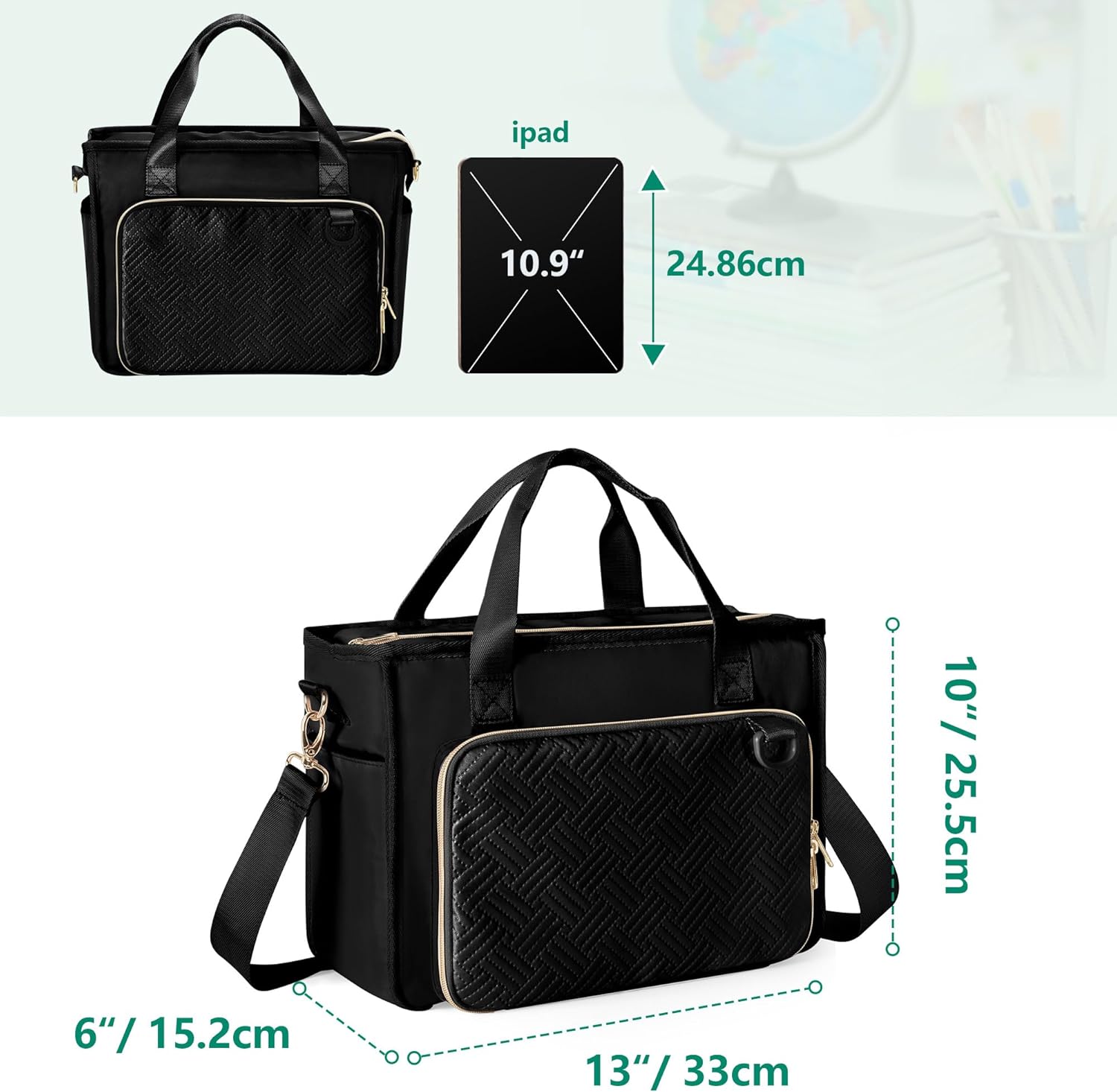 Teacher Tote Bag for Women, Work Tote Bag with Pocket for College and Office, Black - Image 7