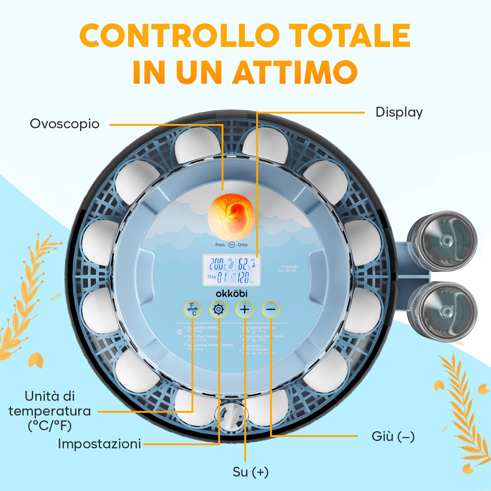 Incubatrice per Uova Automatica 18 Uova – Incubatrice Uova con Rotazione Automatica, Controllo Umidità, Bottiglie d’Acqua, Ventilazione, Visualizzazione 360° e Mire-uovo Integrato