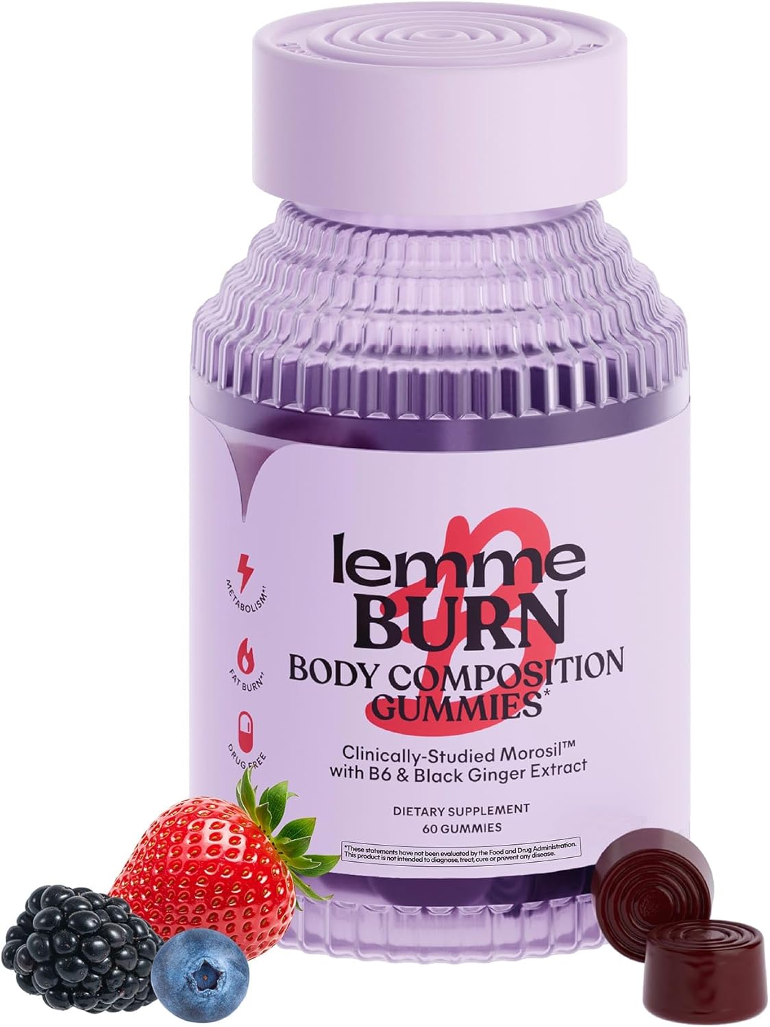 Lemme Burn Belly Fat & Metabolism Gummies for Women & Men with Clinically Studied Morosil, Black Ginger, B6, B12, Chromium, Vegan, Gluten-Free, Berry Flavor (60 Count)