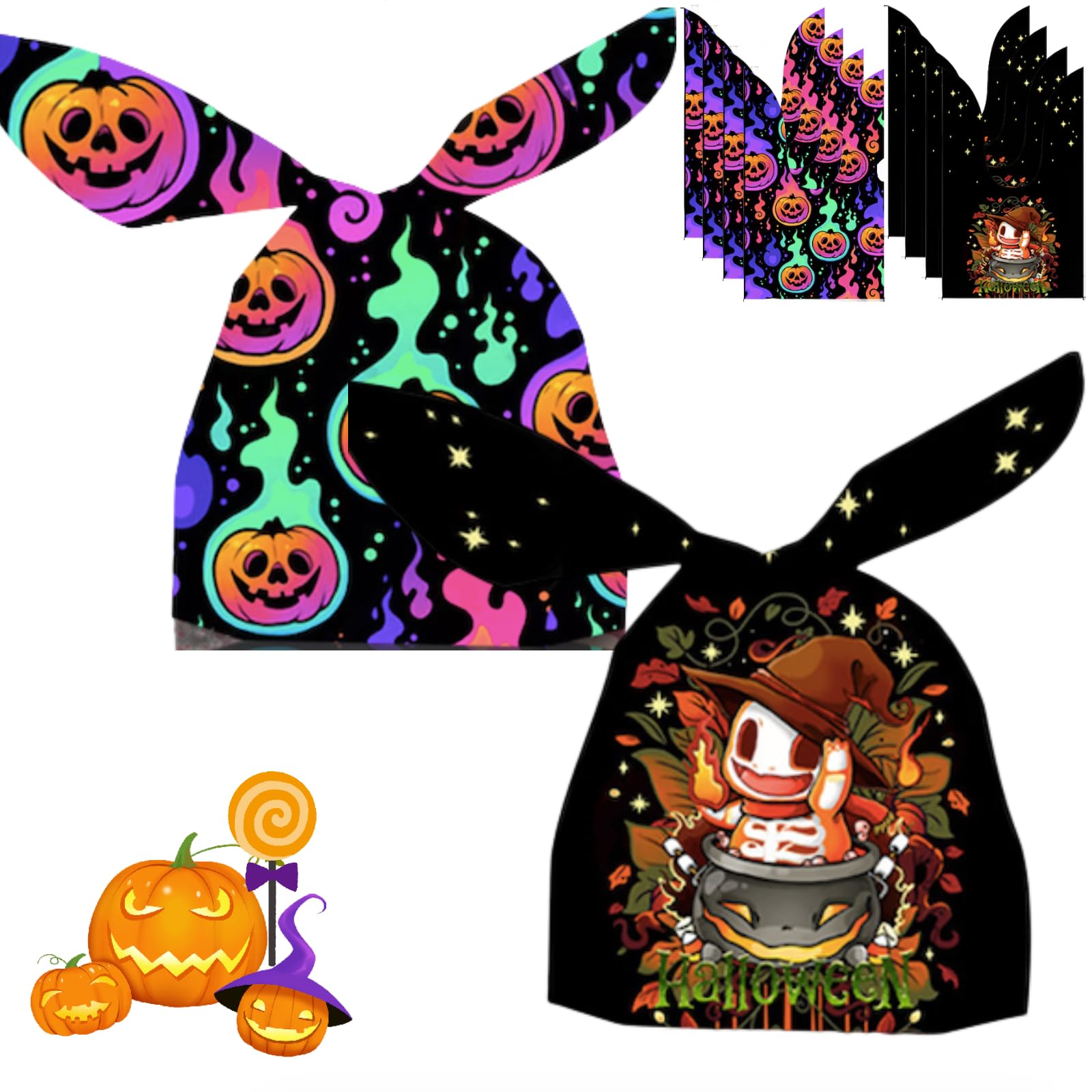 HIPIHOM Halloween Candy and Treat Bags - Rabbit Ear Baking Packaging With Designs for Decoration, Party Supplies, Kids
