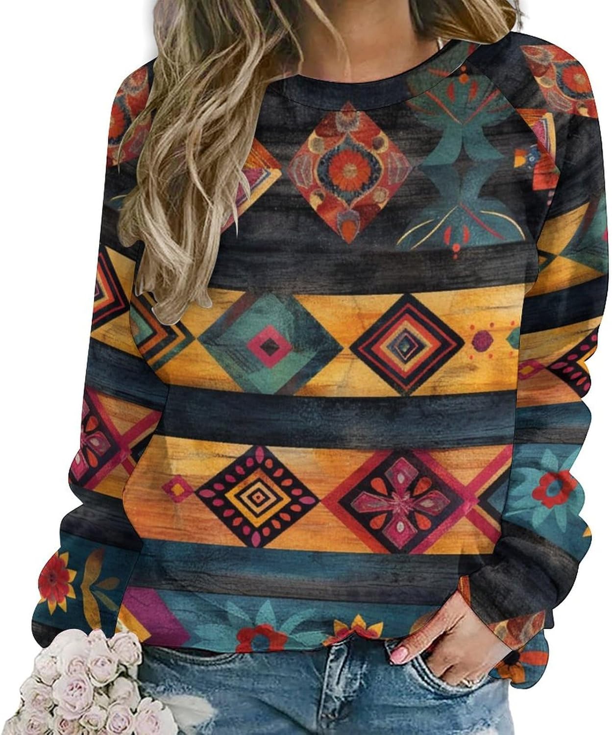 ZOCAVIA Women's Western Aztec Sweatshirts Casual Retro Ethnic Graphic Crewneck Long Sleeve Pullover Tops Fall Country T Shirt