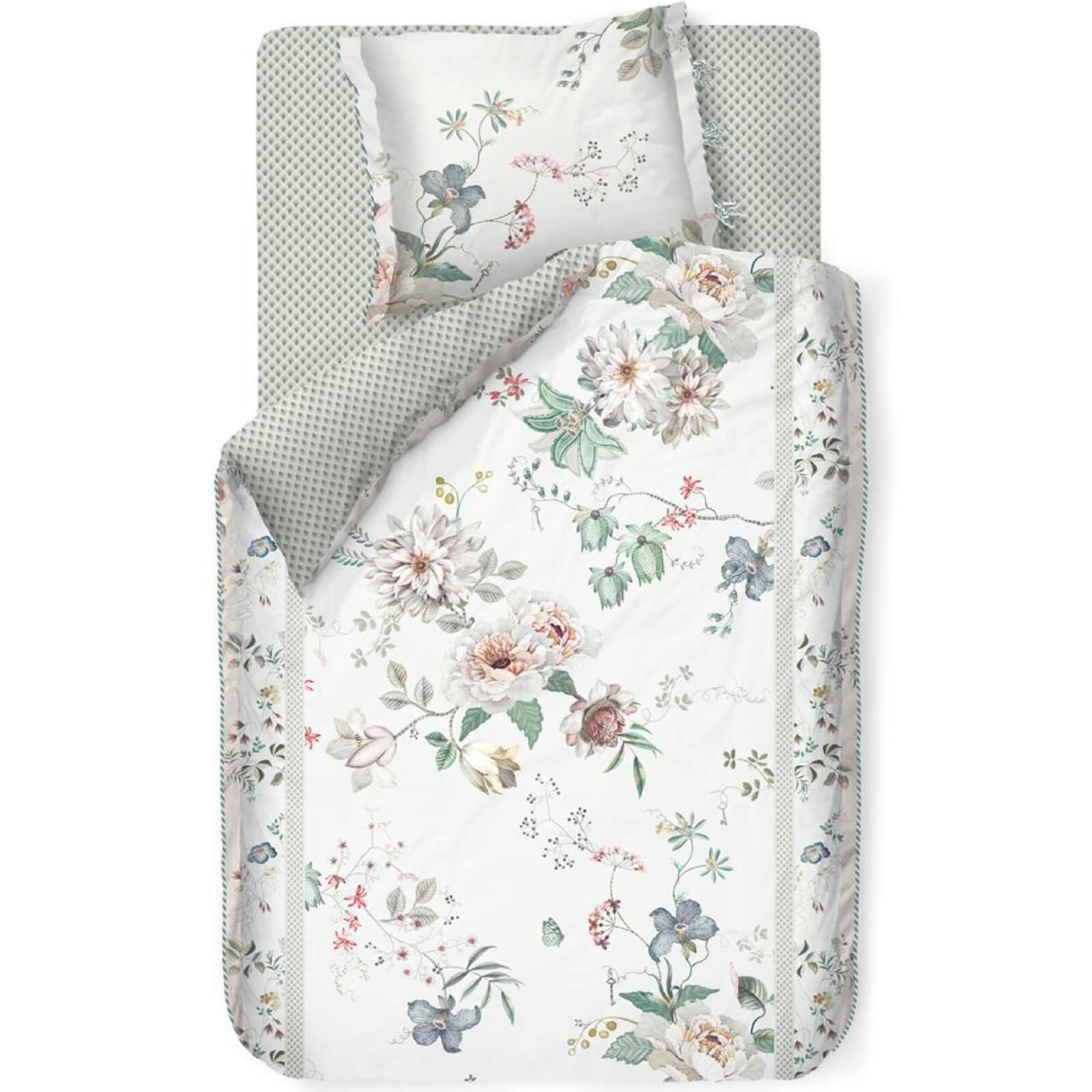 Pip Studio Bettwäsche Tokyo Bouquet White Weiß Blumen Blüten Zweige Motive Gepunktet Perkal Wendeoptik, Größe:155 cm x 220 cm