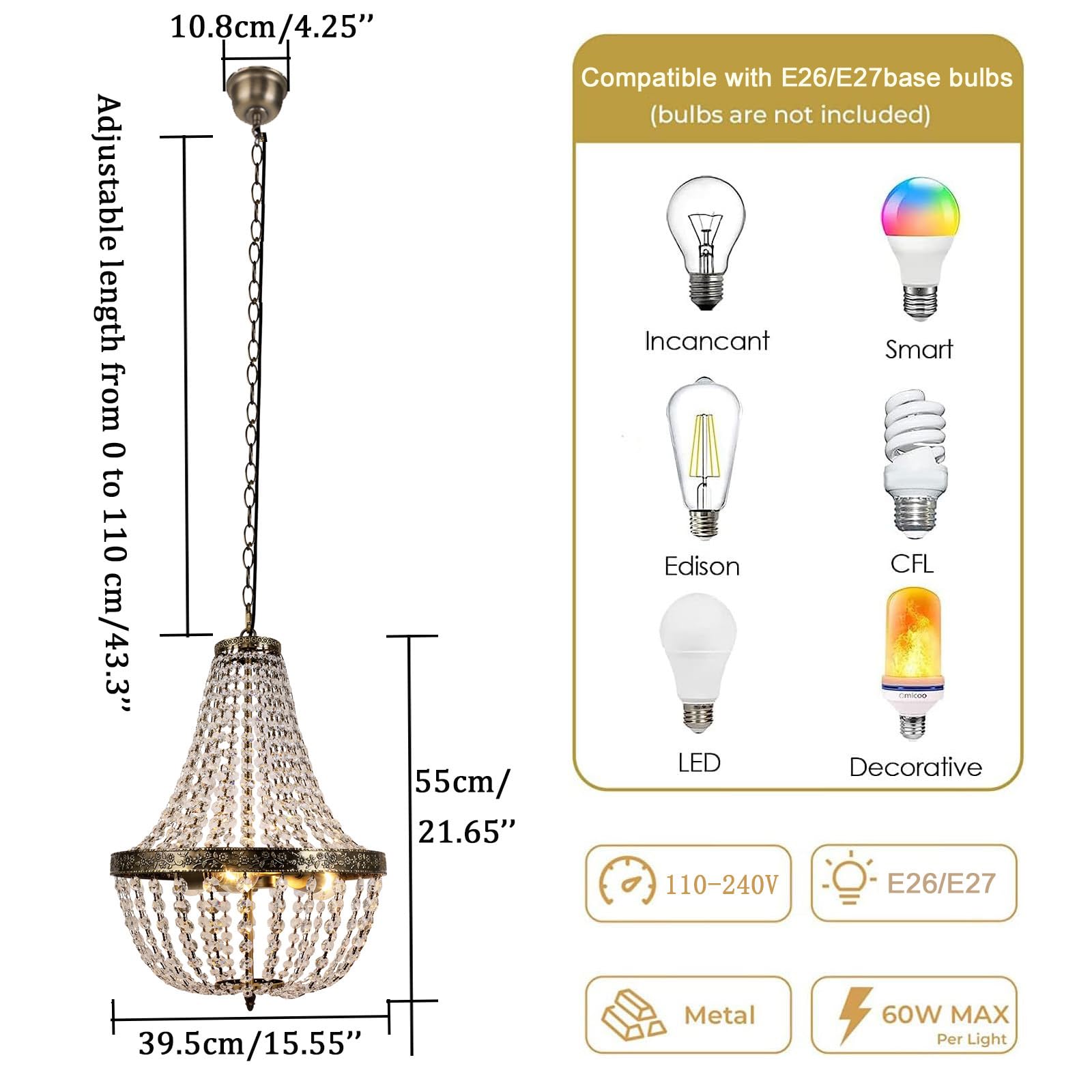 FIRVRE Kristall Kronleuchter 3-Light, Vintage Pendelleuchte Höhenverstellbar, 3 Flammige E27 mit Verstellbarer Kette für Esszimmer, Wohnzimmer, Schlafzimmer