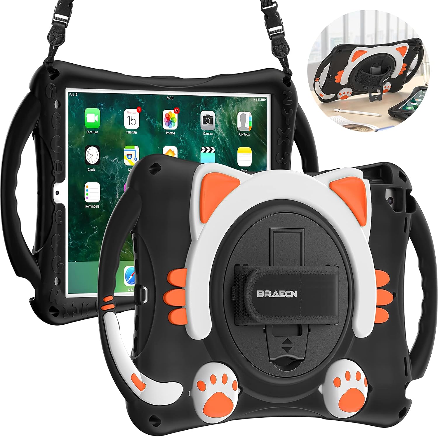 BRAECN Case for iPad 10.2 8/7th Gen 2020 Air /Pro10.5, Shockproof Protective Rubber Cover Case with Handle Grip, Kickstand, Pencil Holder, Hand Strap, Carrying Strap for iPad 8/7th Gen -Black+Orange…