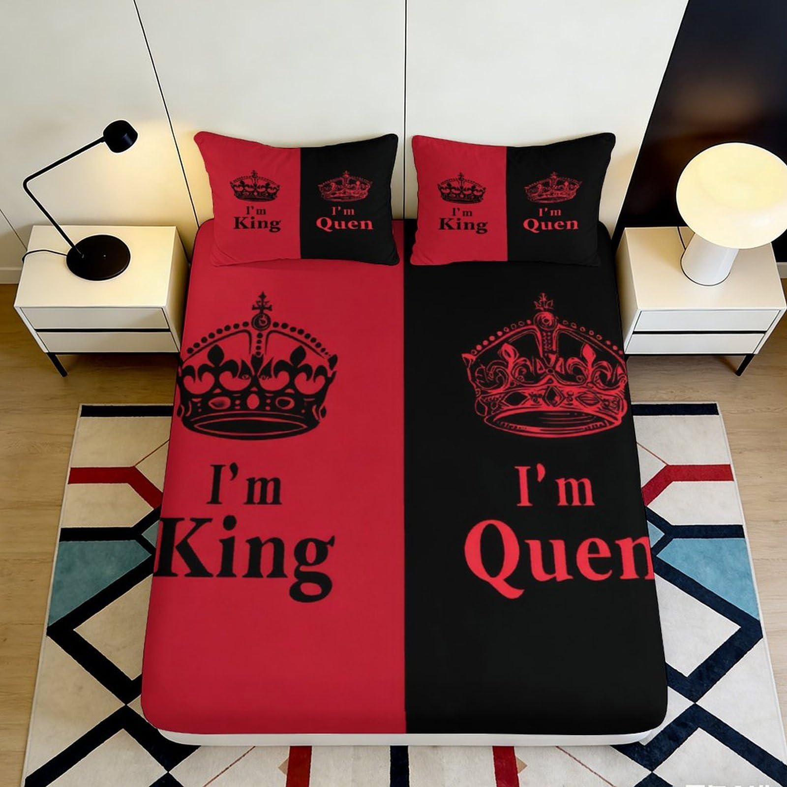 3D Printed King Queen Crown Fitted Sheet Microfiber Black Red Bed Cover for Bedroom Guest Room Mattress Protection 200x200x25cm