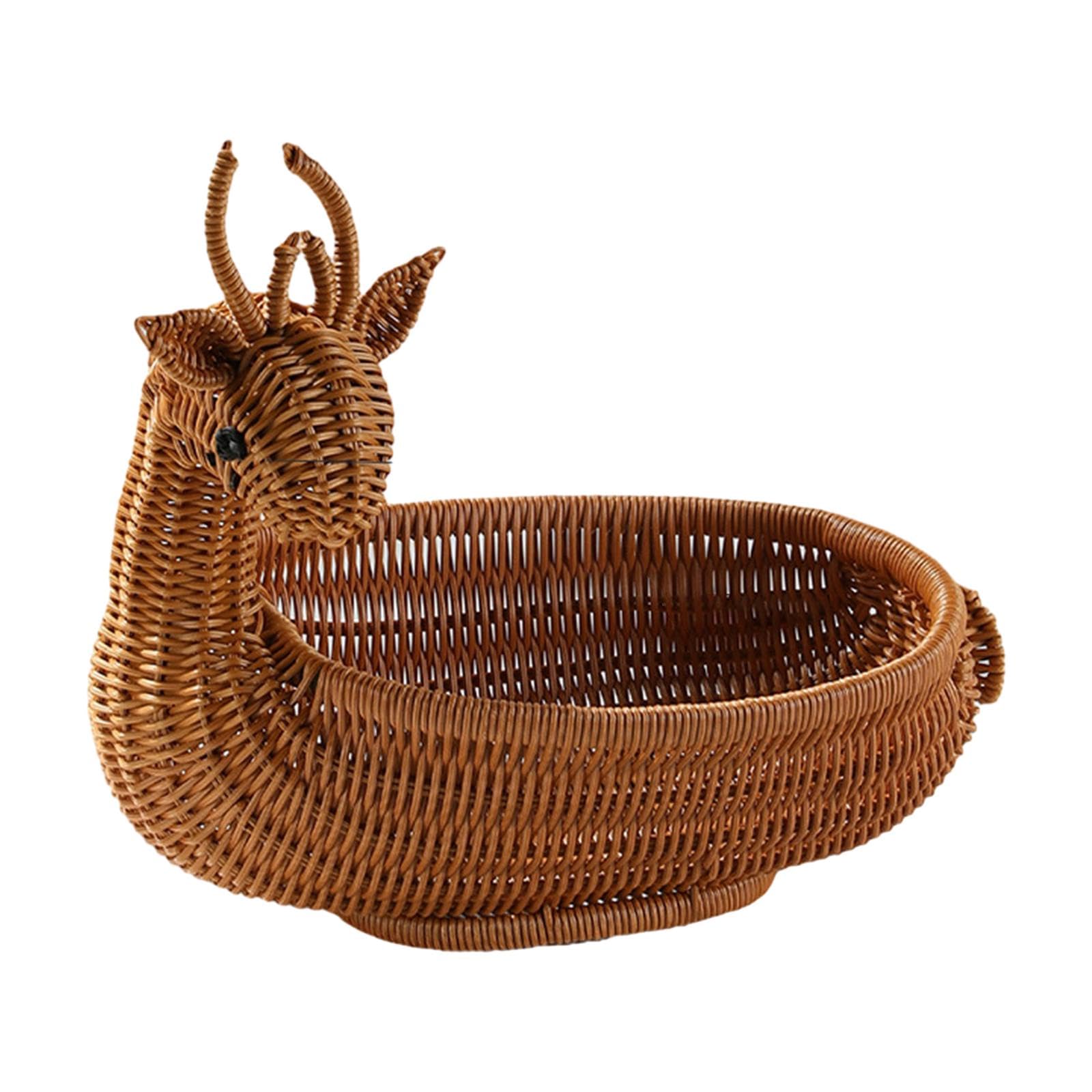 ?????? Rattan Animal Fruit Basket, Kitchen Organizer, Snack Serving Bowl, Woven Bread Basket Portable Woven Food Storage Bowl for Food, Picnic, Desktop, L