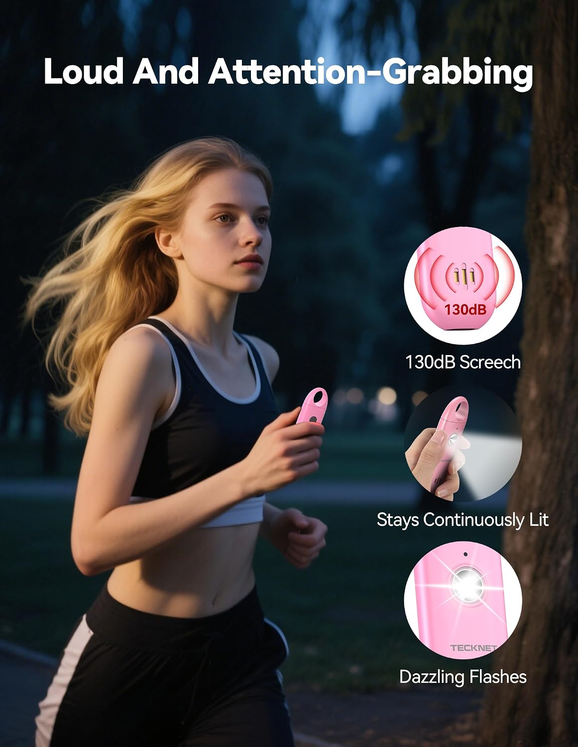 TECKNET Personal Safety Alarm,Portable Personal Alarm for Women with Flashing Strobe Light & Low Battery Alert,130dB Rechargeable Emergency Keychain Alarms for Women ,Men,Kids,Seniors(Pink) image 2