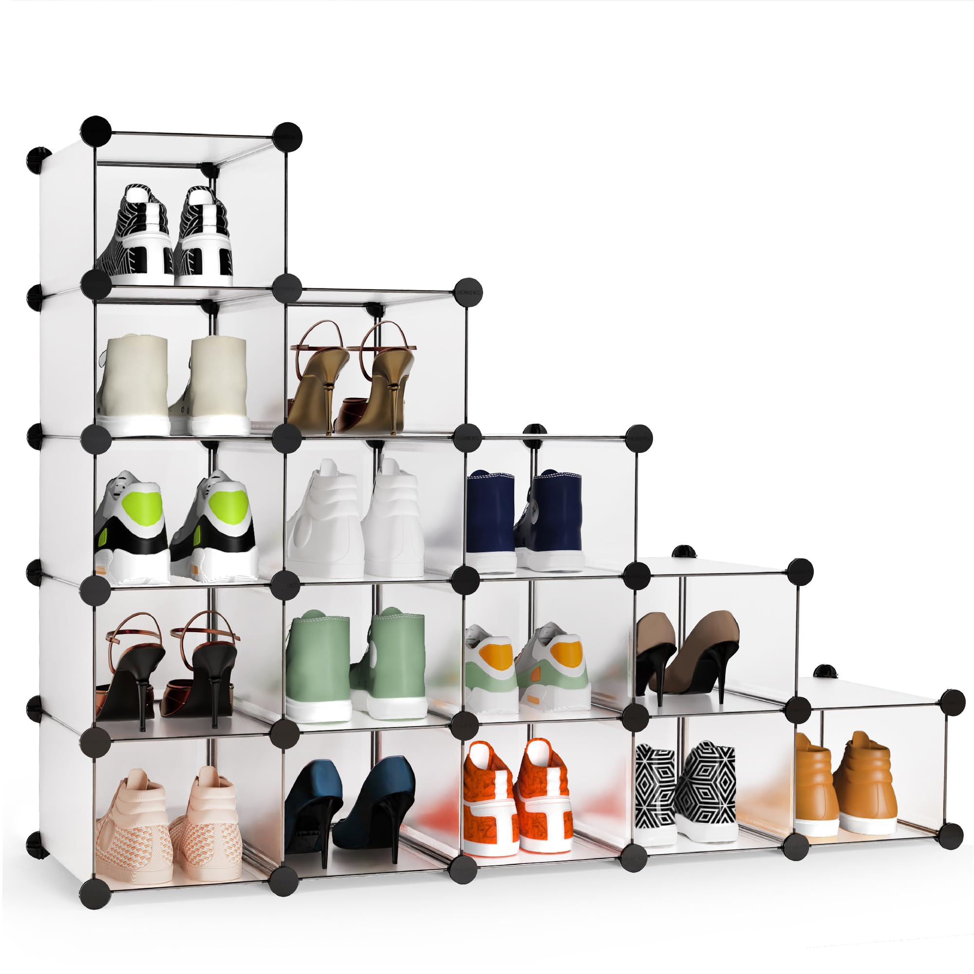 Shoe Rack, DIY Wardrobe 16 Cube Closet Organizer, Storage Bookshelves Bookcase, Interlocking Shelving Unit, Home Solutions Unit for Clothes Books Toys-Transparent