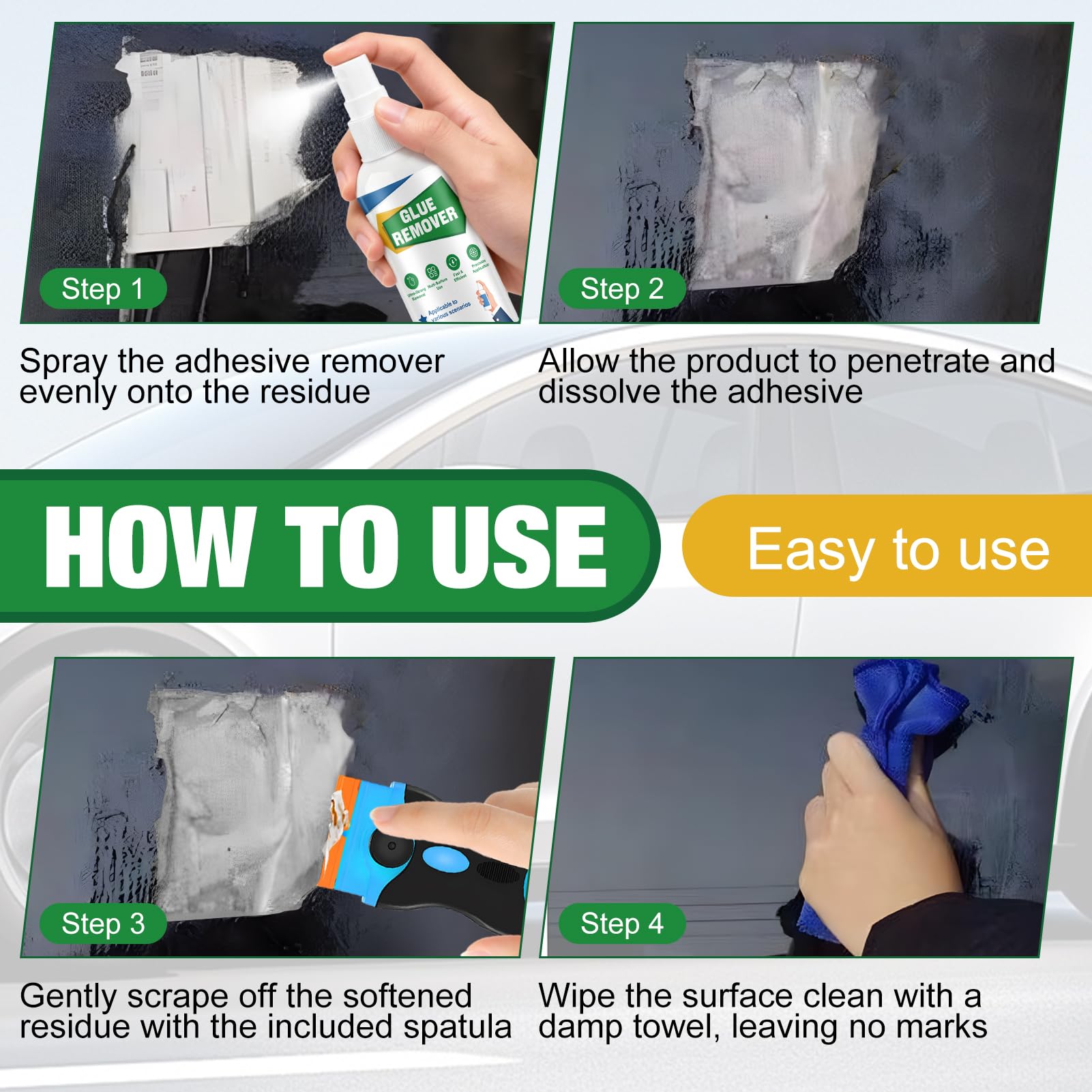 Środek do usuwania etykiet, środek do usuwania kleju, szybko działająca formuła, środek do usuwania etykiet, spray do szyb samochodowych, tworzywa sztucznego, drewna, szybko uporczywych