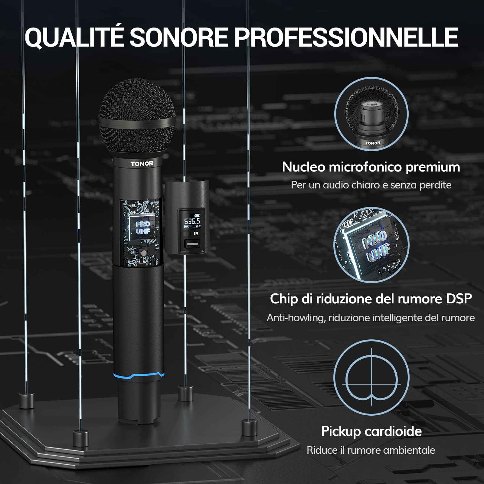 TONOR sistema microfono wireless, microfono ricaricabile professionale, microfono dinamico cordless in metallo 2x100 UHF per karaoke, chiesa, canto, matrimonio, riunione, DJ, Auto Scan, 100M, TW750