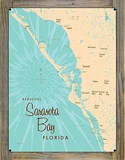 Lakebound Sarasota Bay Florida Retro Steel Metal Wall Art Map Poster, Mounted on Real Reclaimed Barn Wood, 18" x 24". Distinctive Wall Decoration for Home, Cabin, or Office