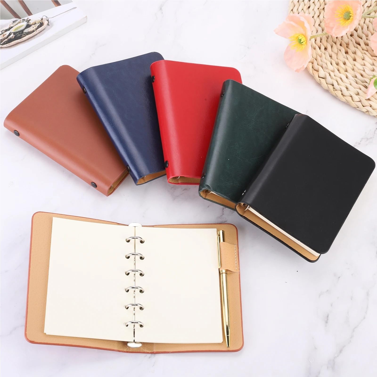 1/2 Paquete de Cuaderno de Cuero A7 con 6 Anillas, Mini Agenda Personal de Hojas Sueltas Recargable con 50/100 Hojas de Papel(Red 2Pcs)