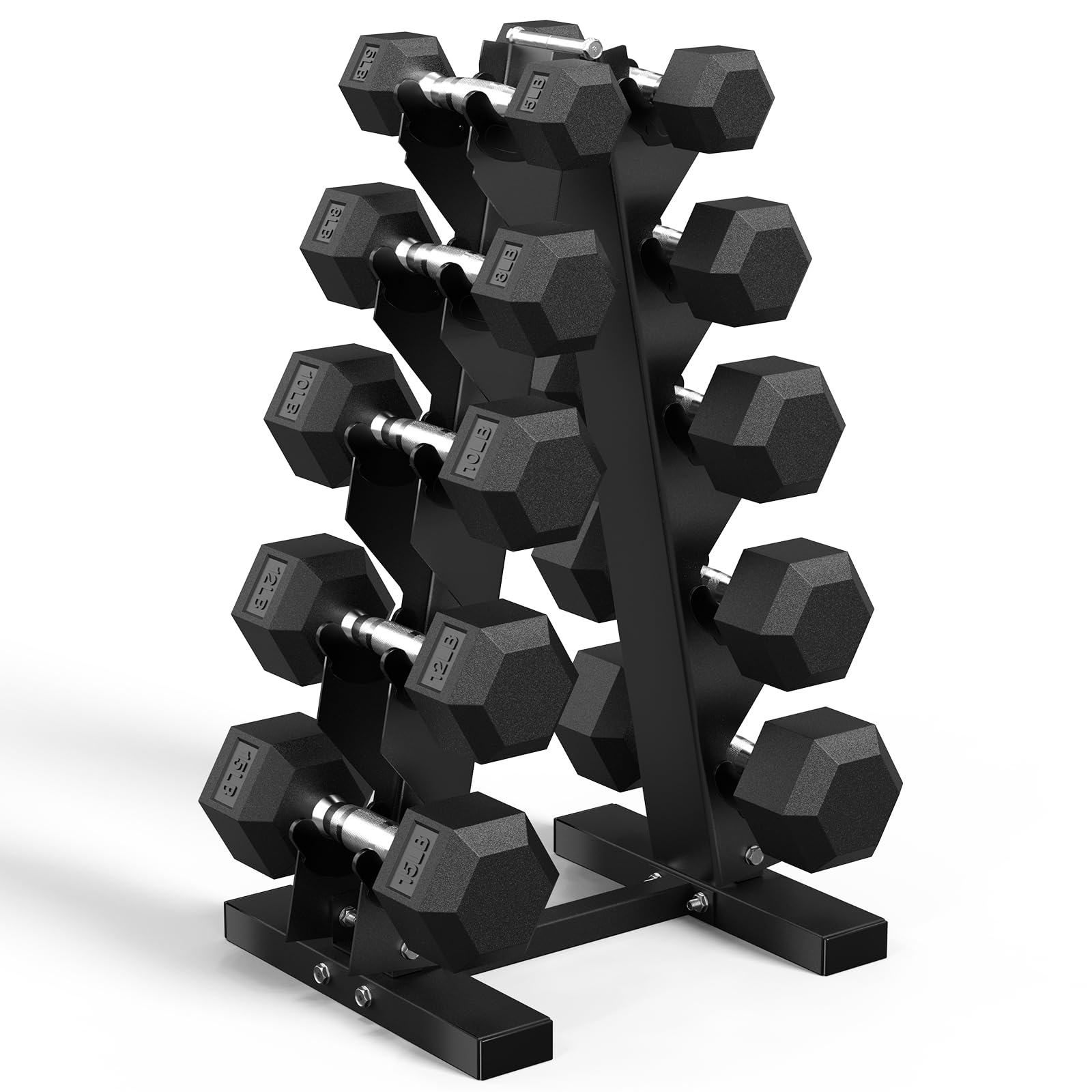 AMGYM Hex Dumbbell Set with Rack (5lb-230lb), Rubber Encased Cast Iron Free Weights for Total Body Workouts, Easy Storage and Stable Dumbbell Sets for
