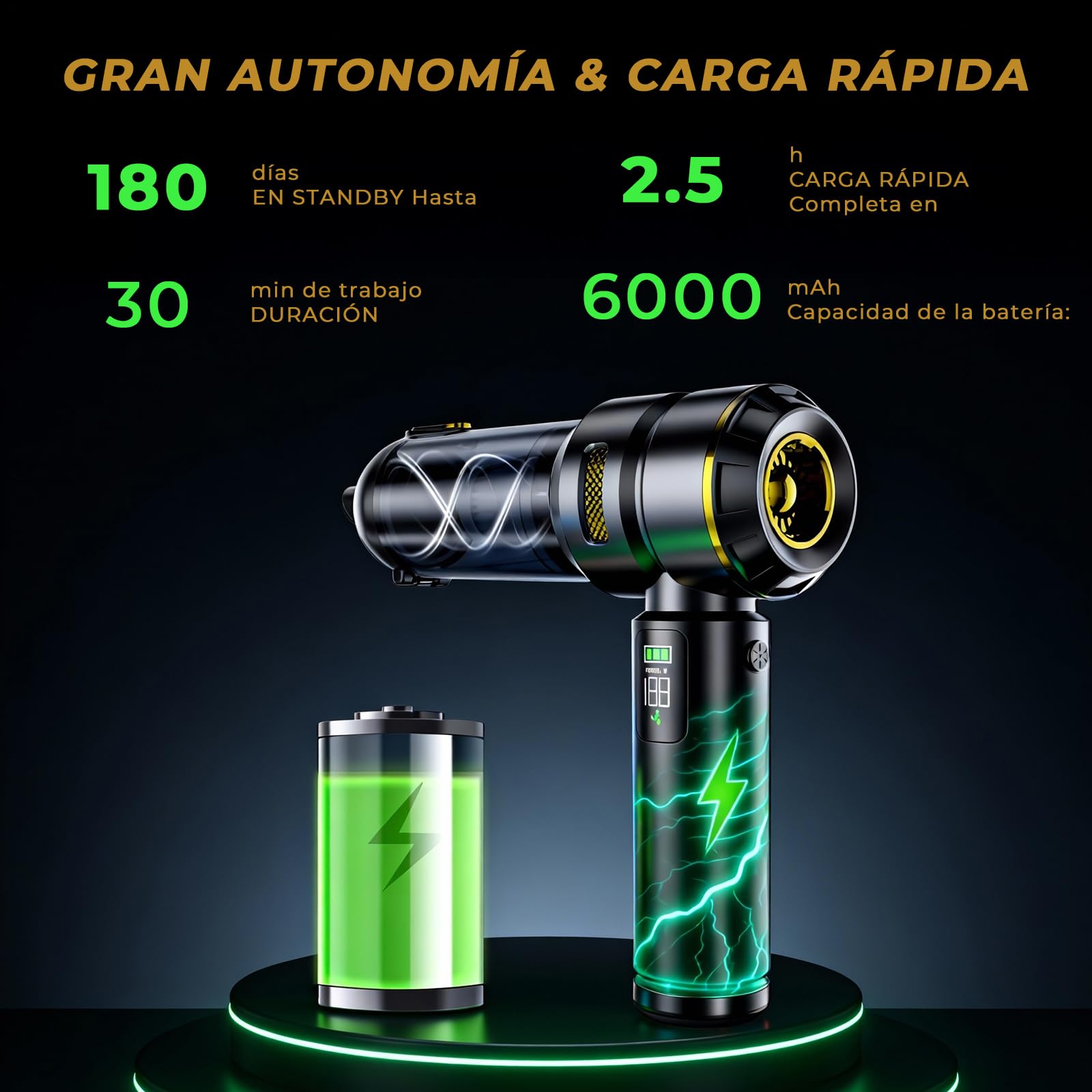 HOVIN Aspirador de Mano, 24.000Pa Aspirador Recargable,Aspirador sin Cable para Coche Aspiradoras de Mano con Motor sin Escobillas de,para Uso en la El vehículo,el hogar,la Cocina (Negro y Dorado)
