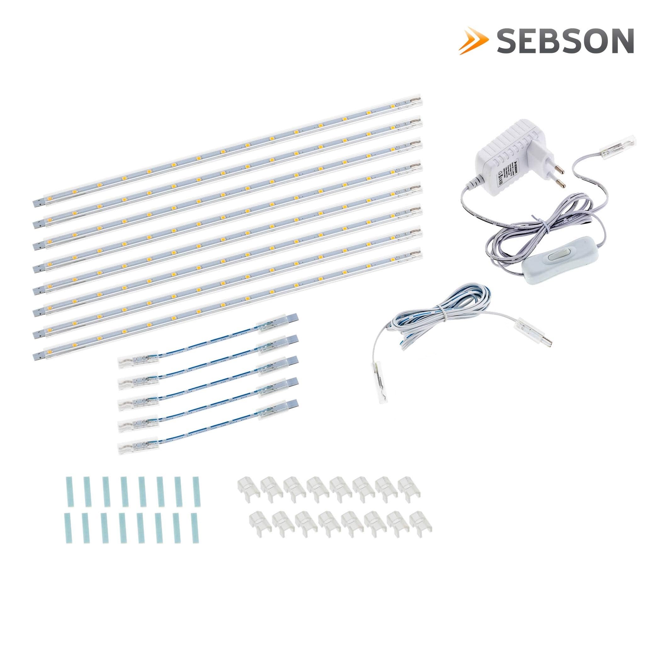 SEBSON LED Sottopensile con Interruttore e Prese 30cm - Set da 8 | 3000K Luce Calda, 1,8W, 190 Lumen, 12V, 8,8x6,7x300mm