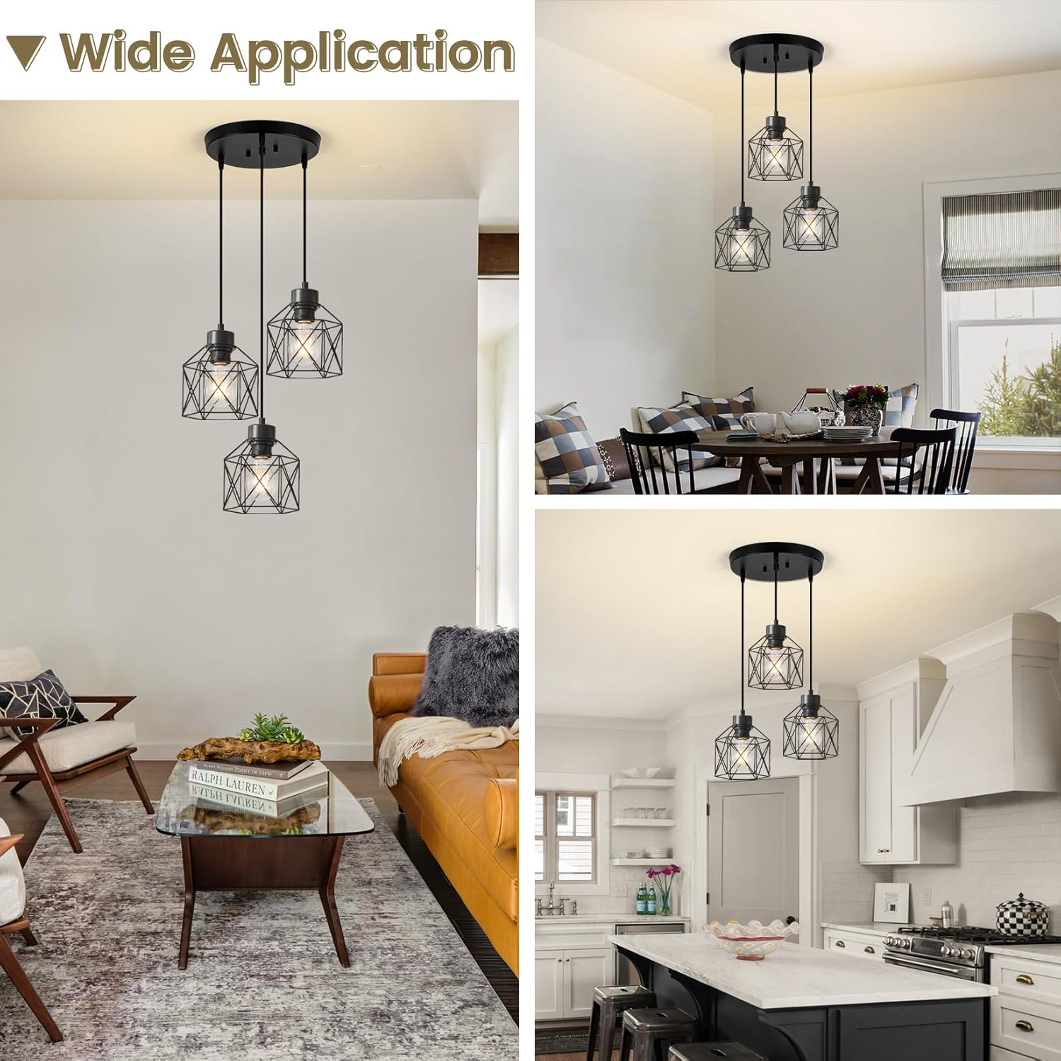 3-Light Pendant Light Fixtures, Farmhouse Hanging Pendant Lighting, Dining Room Chandelier, Industrial Kitchen Island Hanging Light Fixture, Black Metal Cage Pendant Ceiling Lamp for Kitchen
