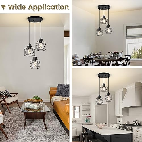 Miniatura 5 de 3-Light Pendant Light Fixtures, Farmhouse Hanging Pendant Lighting, Dining Room Chandelier, Industrial Kitchen Island Hanging Light Fixture, Black