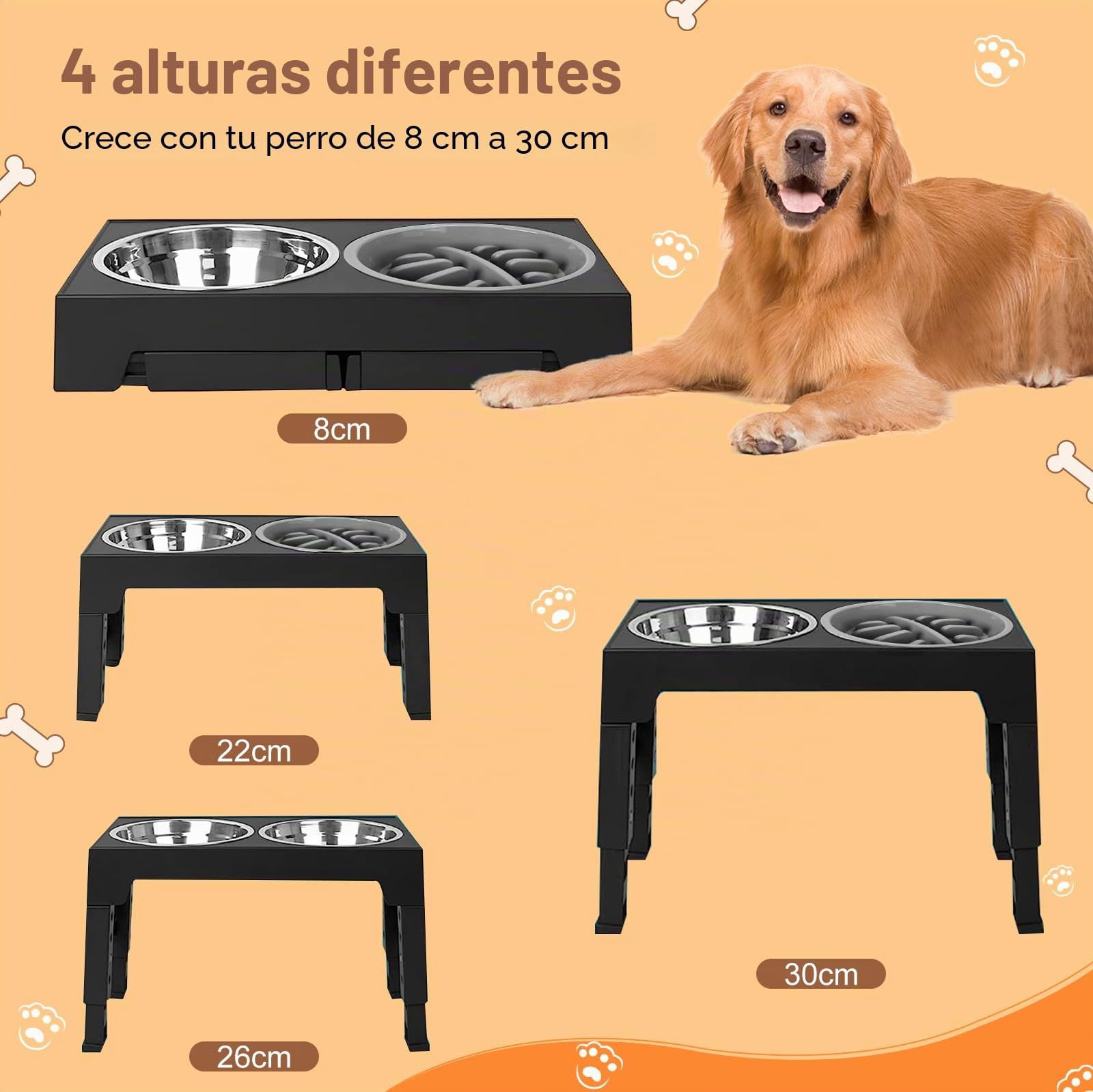 Comedero Elevado para Perros, 4 Alturas Ajustables, Cuencos de Acero Inoxidable y Alimentador Lento Antivoracidad, Soporte Antideslizante Plegable para Razas Pequeñas, Medianas, Grandes y Gatos